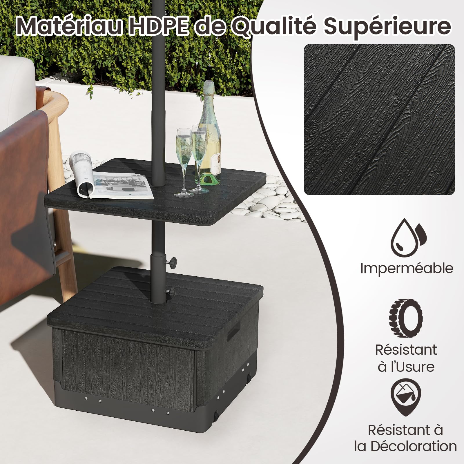 RELAX4LIFE Base de Parasol avec Table Basse Carrée 3-en-1 (Noir)