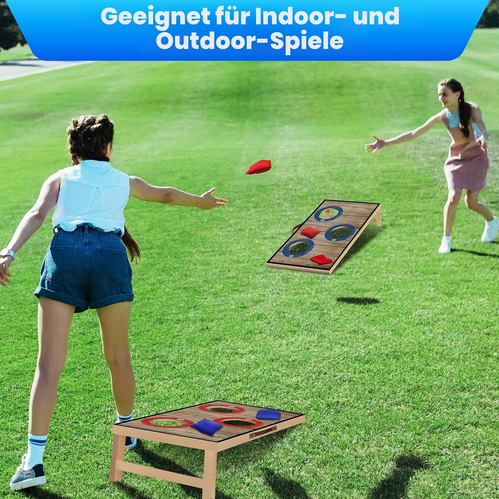 NZQXJXZ Cornhole Spiel Outdoor, 60x35cm Massivholz Premium Corn Hole Boards | mit 6 Cornhole Säckchen und Einer Tragetasche, Tragbar Cornhole Toss Set für Familie und Erwachsene