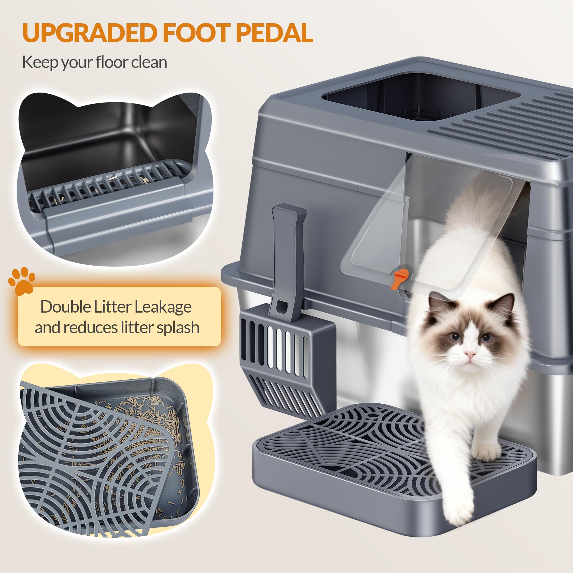 Bandeja De Arena para Gatos De Acero Inoxidable con Tapa, Arenero Metálico XXL, Bandeja De Arena Cerrada Extraíble con Doble Entrada, Pedal Y Pala, Control De Olores 60x40x38cm Dark Grey Large