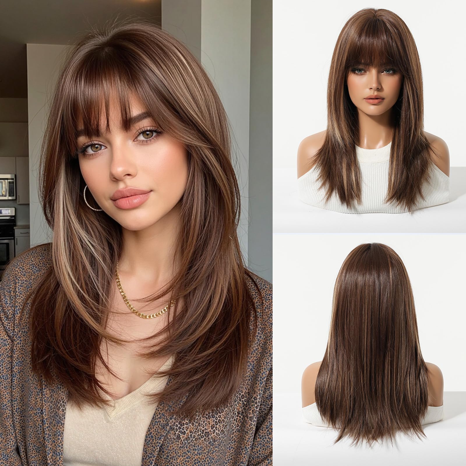 Esmee Pelucas Largo Liso Marrón con Mechas para Mujeres Pelo Sintético Natural Peluca para Uso Diario y de Fiesta