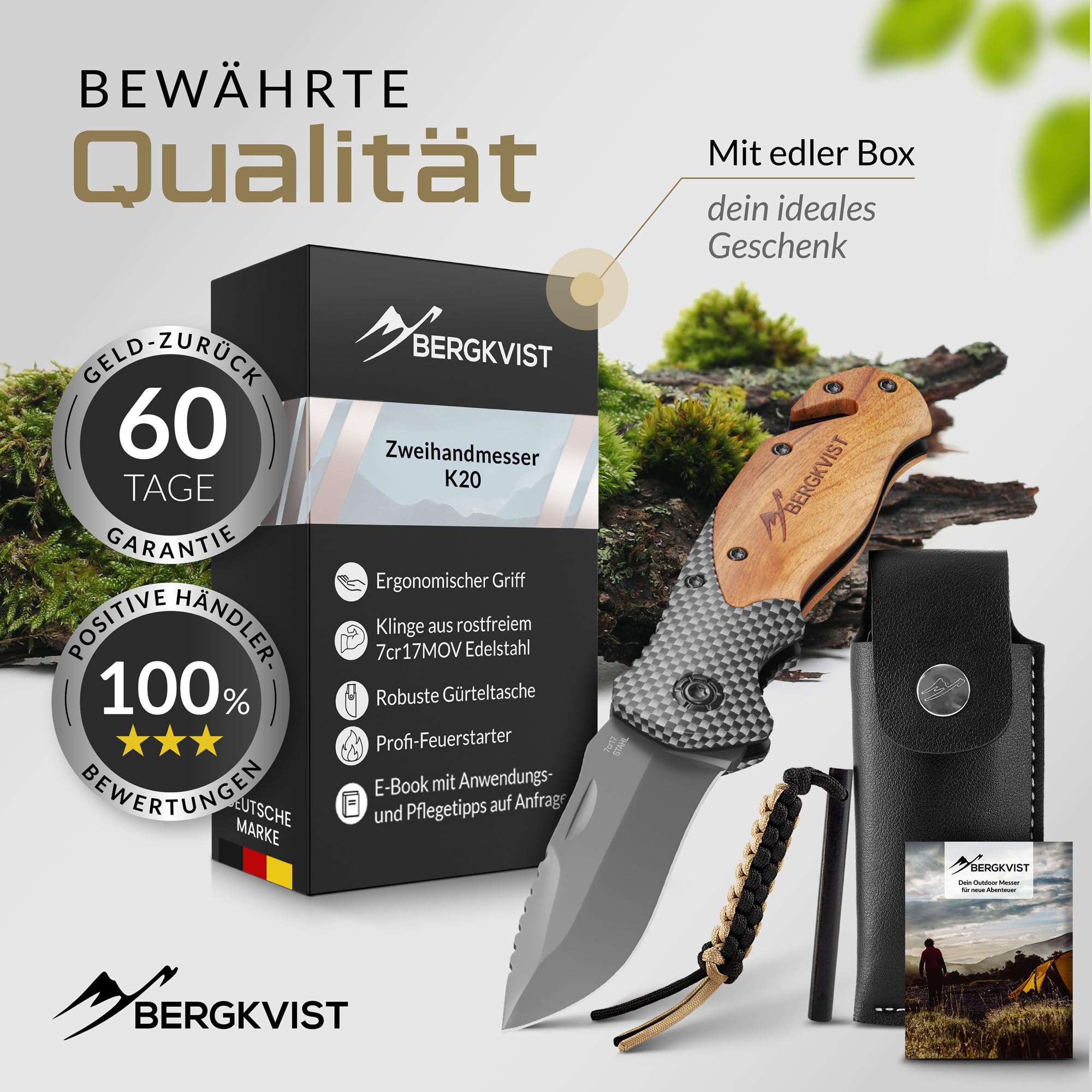 BERGKVIST® K20 Klappmesser für Outdoor & Survival [3-in-1 Zweihandmesser] | scharfes Taschenmesser, Mitführen in Deutschland erlaubt, mit Holzgriff, Glasbrecher, Gurtschneider, Feuerstahl & Tasche