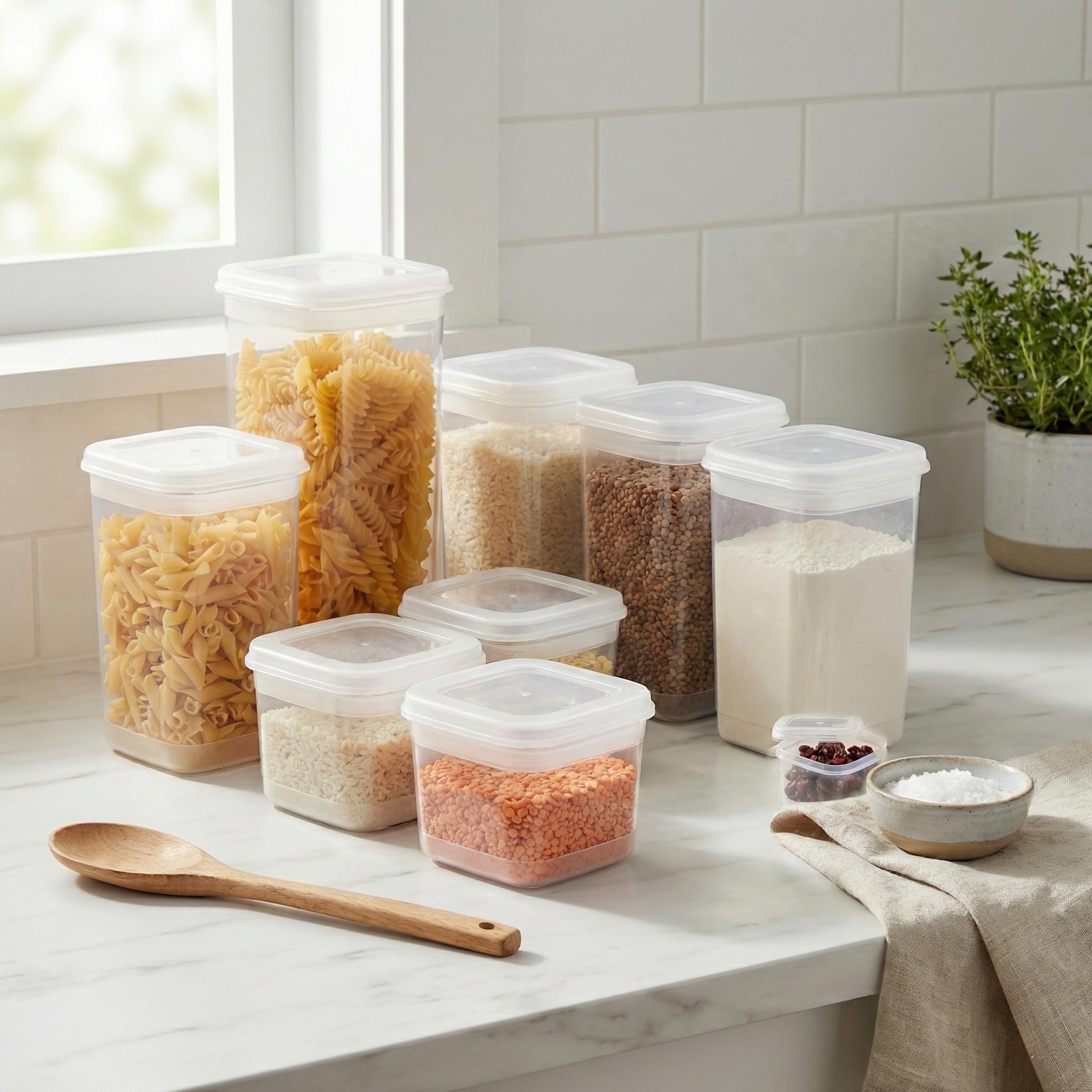 Deconox Simple 8 Parça Erzak Saklama Kabı Seti - Şeffaf ve Gri Renk Seçenekli - 3 Farklı Boy (0.60 Lt - 1.30 Lt - 1.90 Lt) Bakliyat ve Düzenleme Kutusu (ŞEFFAF)