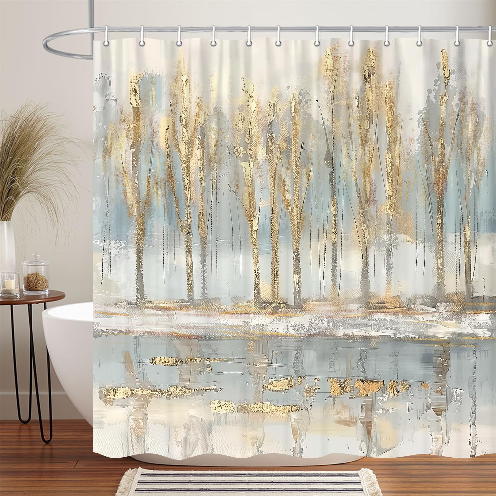 Abstract Gold Grey Shower Curtain, Modern Neutral Boho Ombre Minimalist Chic Tree Art Shower Curtain for Bathroom, Bright Blue Grey Gray Oil Painting Fabric Bathroom Curtain with 12 Hooks, 70X70IN