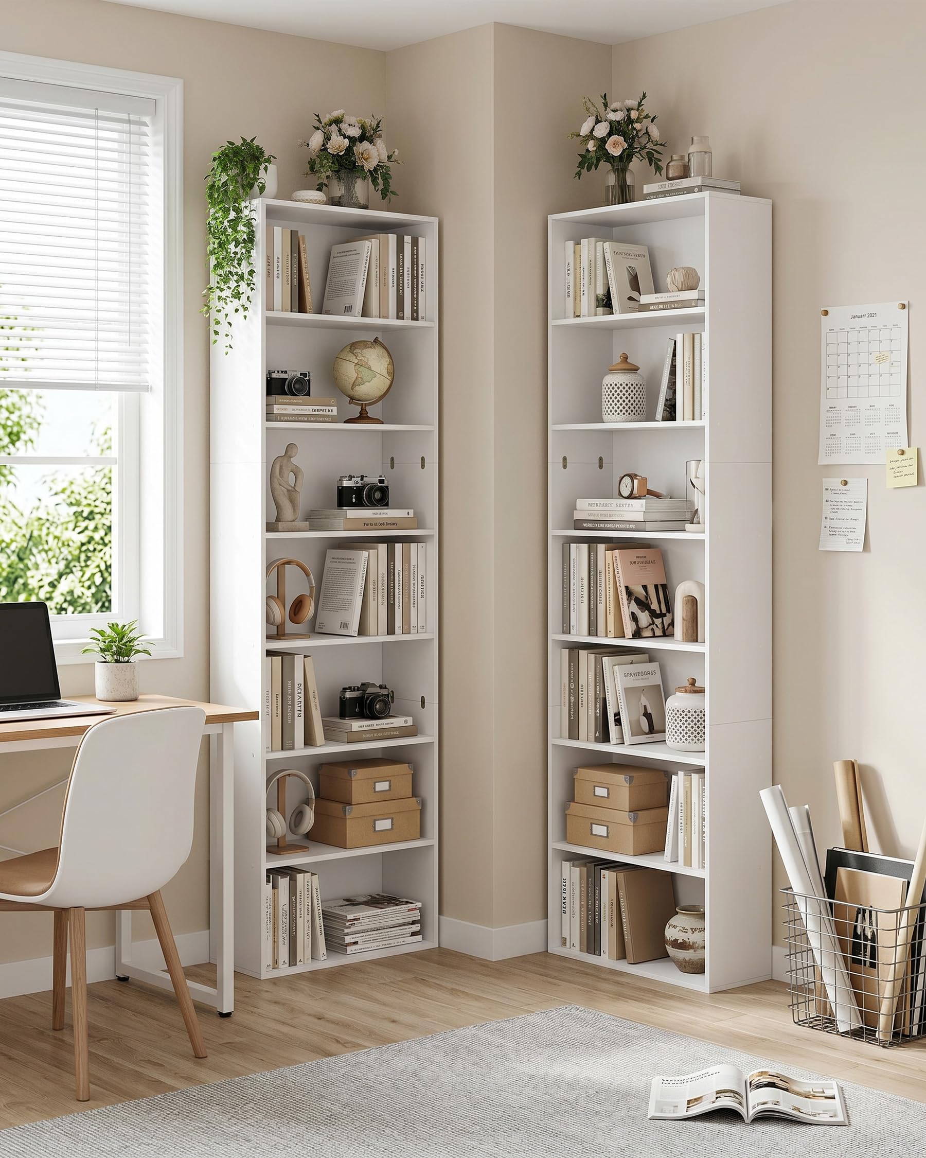 hitsuki Estantería Alta 7 Estantes Blanca Librería Estrecha con Sistema Antivuelco Almacenaje para Libros Hogar Oficina