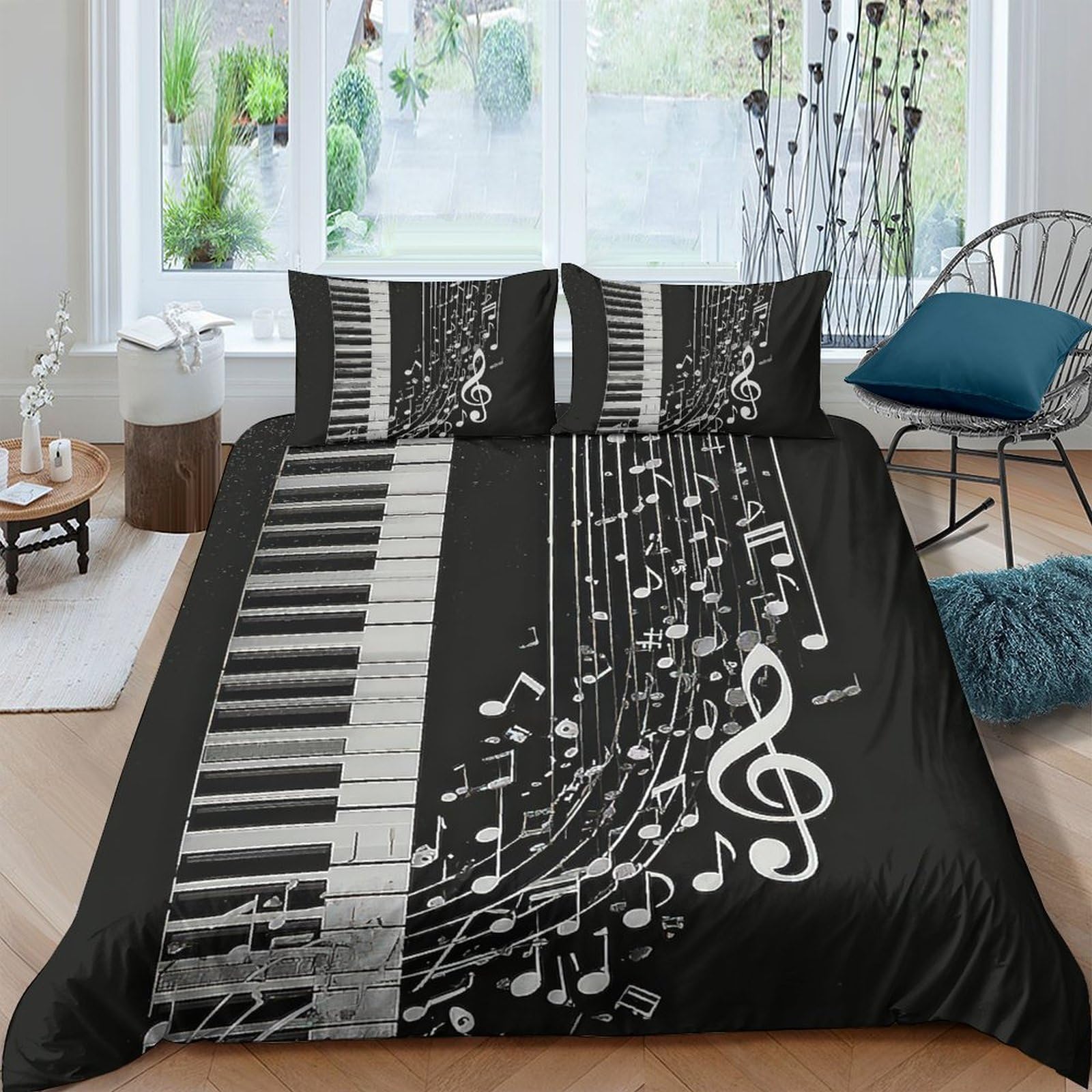 Ctjqhvkz Style-2 3D Printed Piano Keyboard Fitted Sheet Microfiber Black White Musical Notes Bed Cover For Bedroom Guest Room Decor Single（135X200cm）