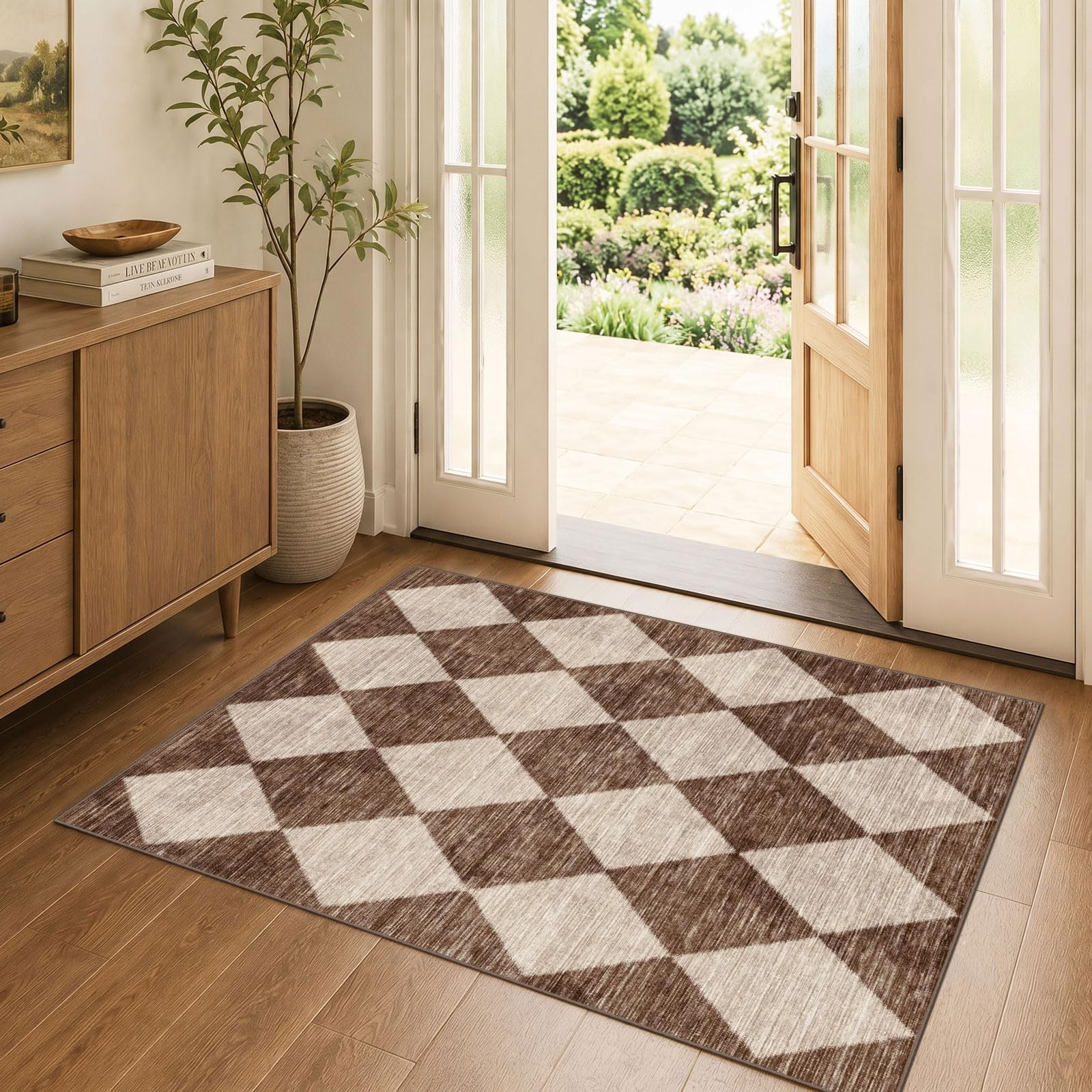 Othilic Brown Beige Checkered Entry Rug - 3x4 Non-Slip Washable Indoor Outdoor Front Door Mat Porch Rug Farmhouse Diamond Throw Carpet for Living Room Bedroom Entryway Kitchen Office Fall Porch Decor