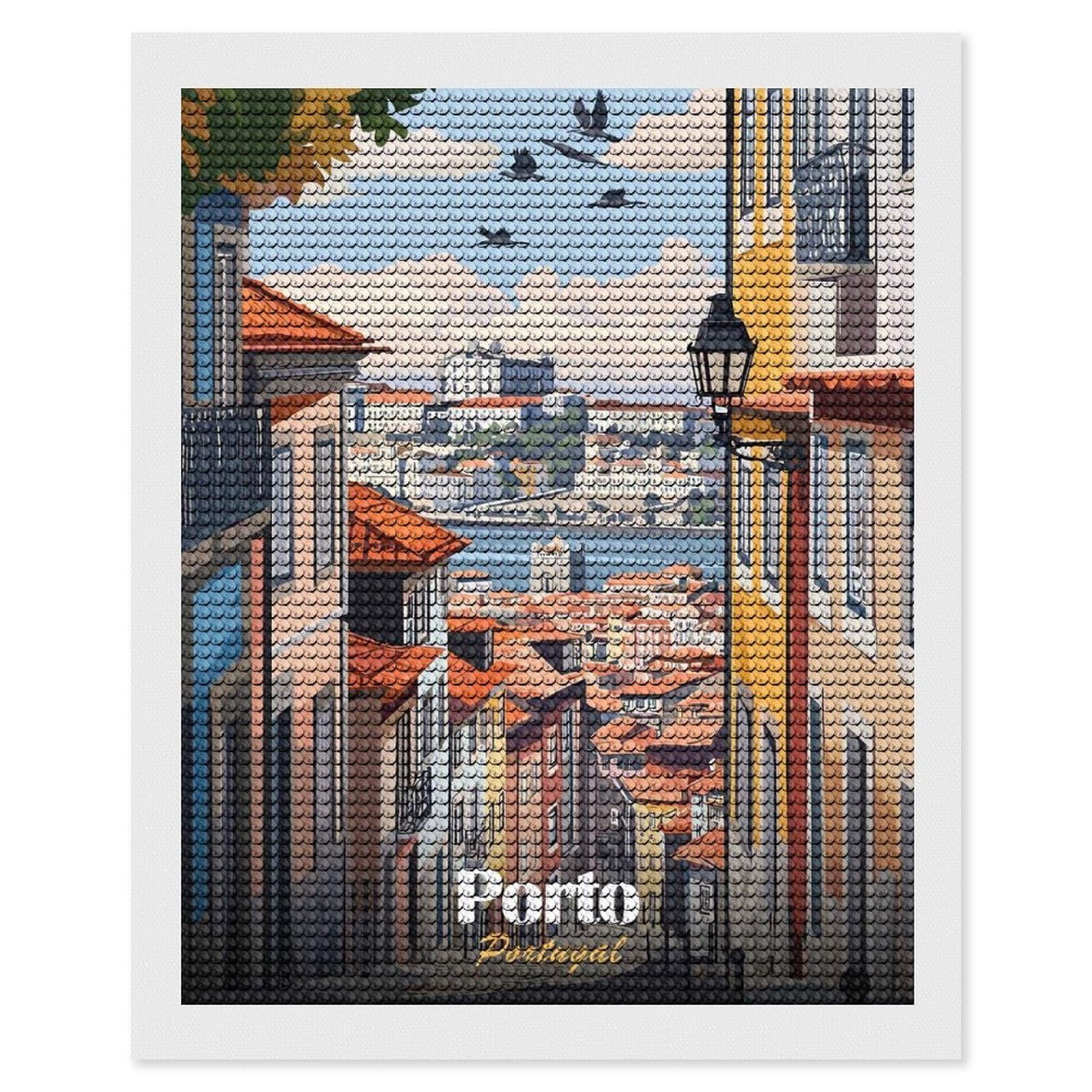Junmoney Porto, Portugal Cityscape Illustration DIY Diamond Art Canvas Kit 16"x20", Decorate Your Room, Sparkling Round Gems, Fun Craft Experience, Farmhouse Decor