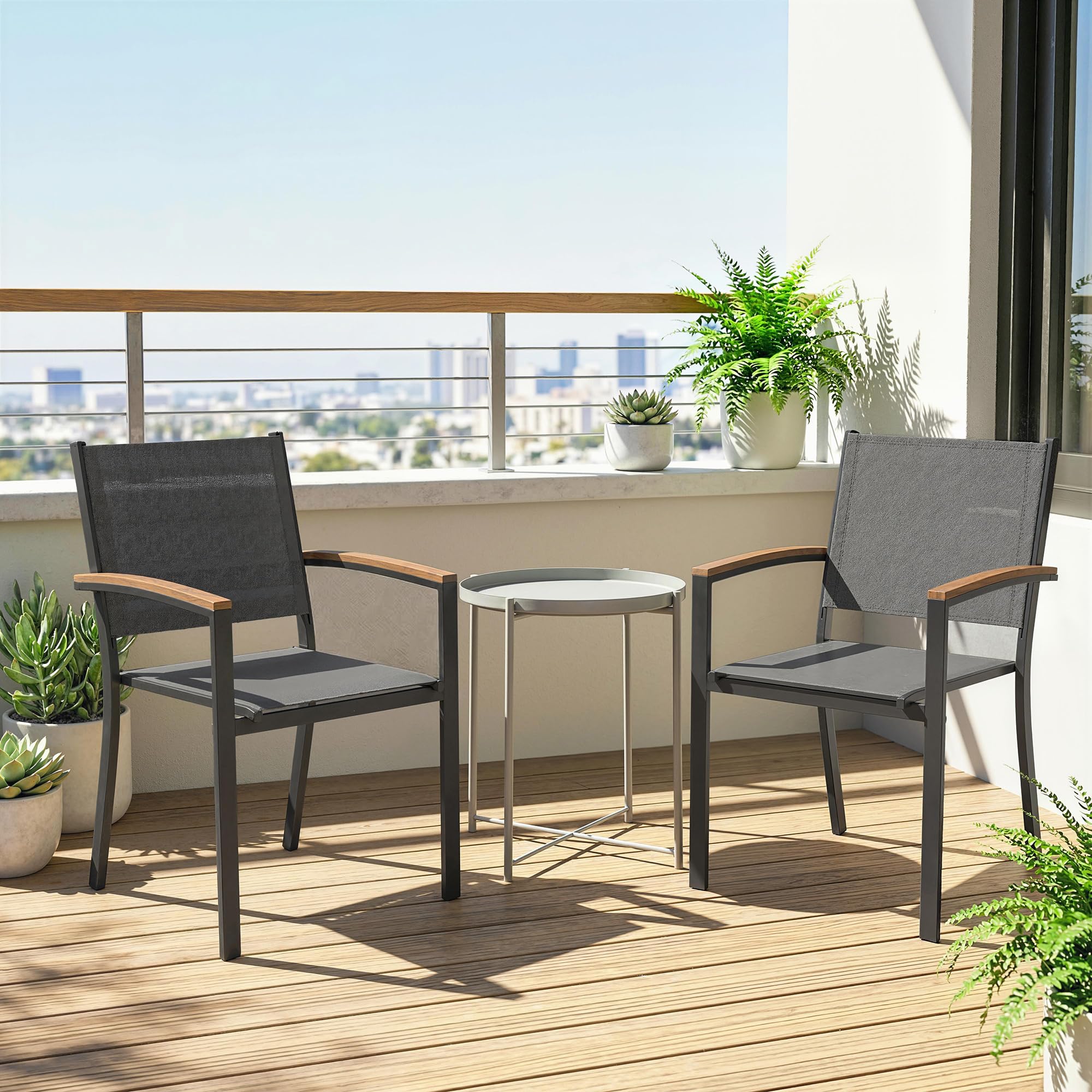 Outsunny Set 2 Sedie da Giardino Impilabili in Texteline e Metallo, con Braccioli Effetto Legno, 56x62x89 cm, Grigio