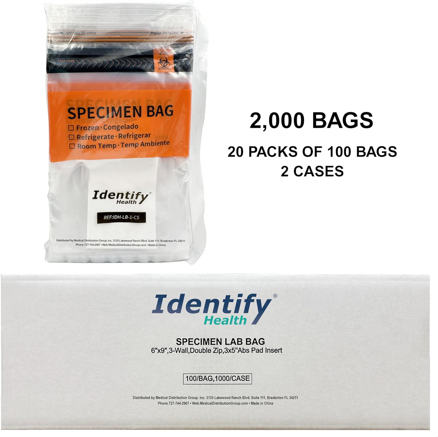 Identify Health Biohazard Specimen Lab Bags | 2000 Pack | 6x9 Inch 3-Wall Laboratory Double Zip Seal with Absorbent Pad and Document Pouch | TearZone Destroy BIO Feature