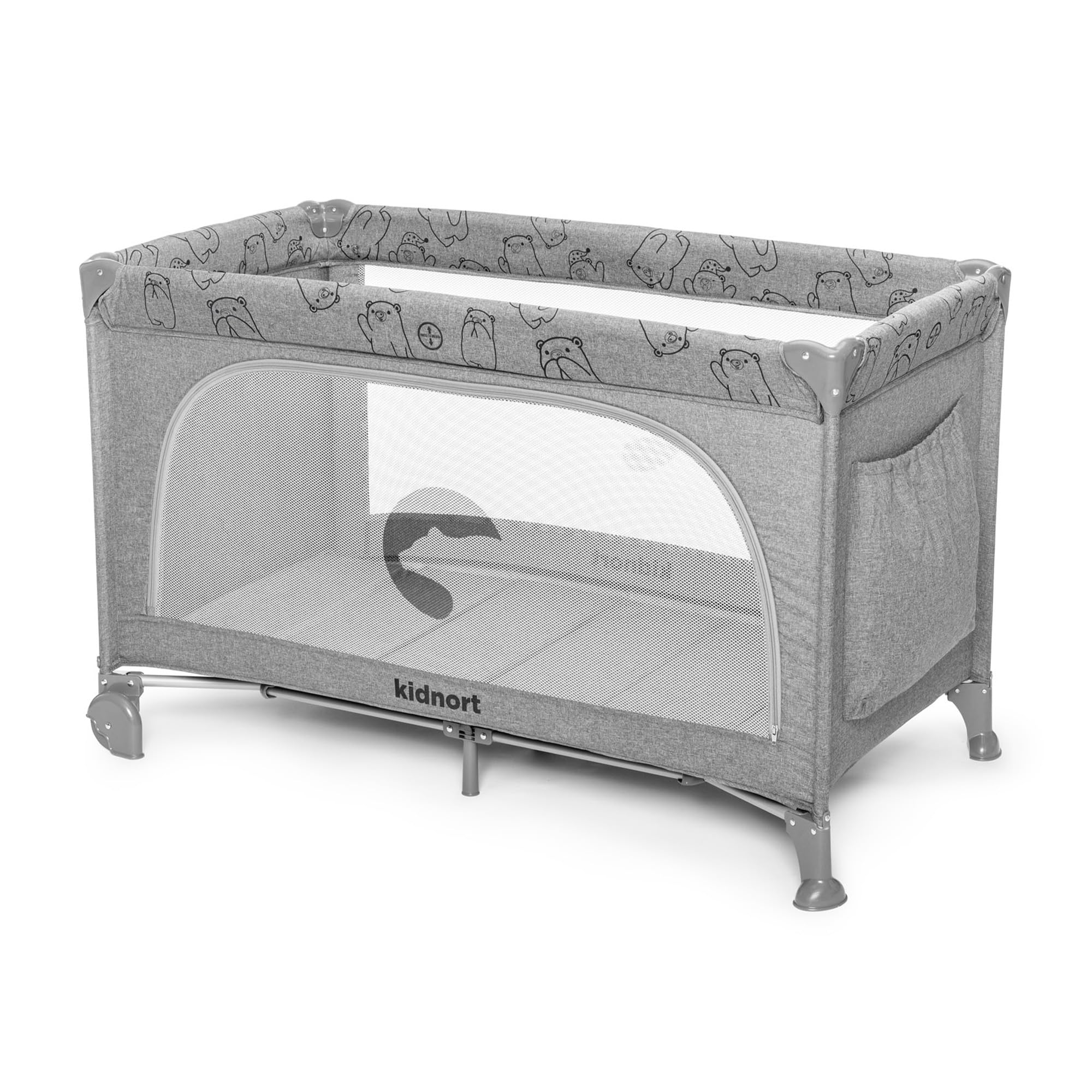 Ihalig Reisebett Babybett faltbar mit Matratze Seiteneingang und Rollen mit Bremsen Kinderreisebett klappbar mit Tragetasche Seitentasche platzsparend für Zuhause Reise Hellgrau
