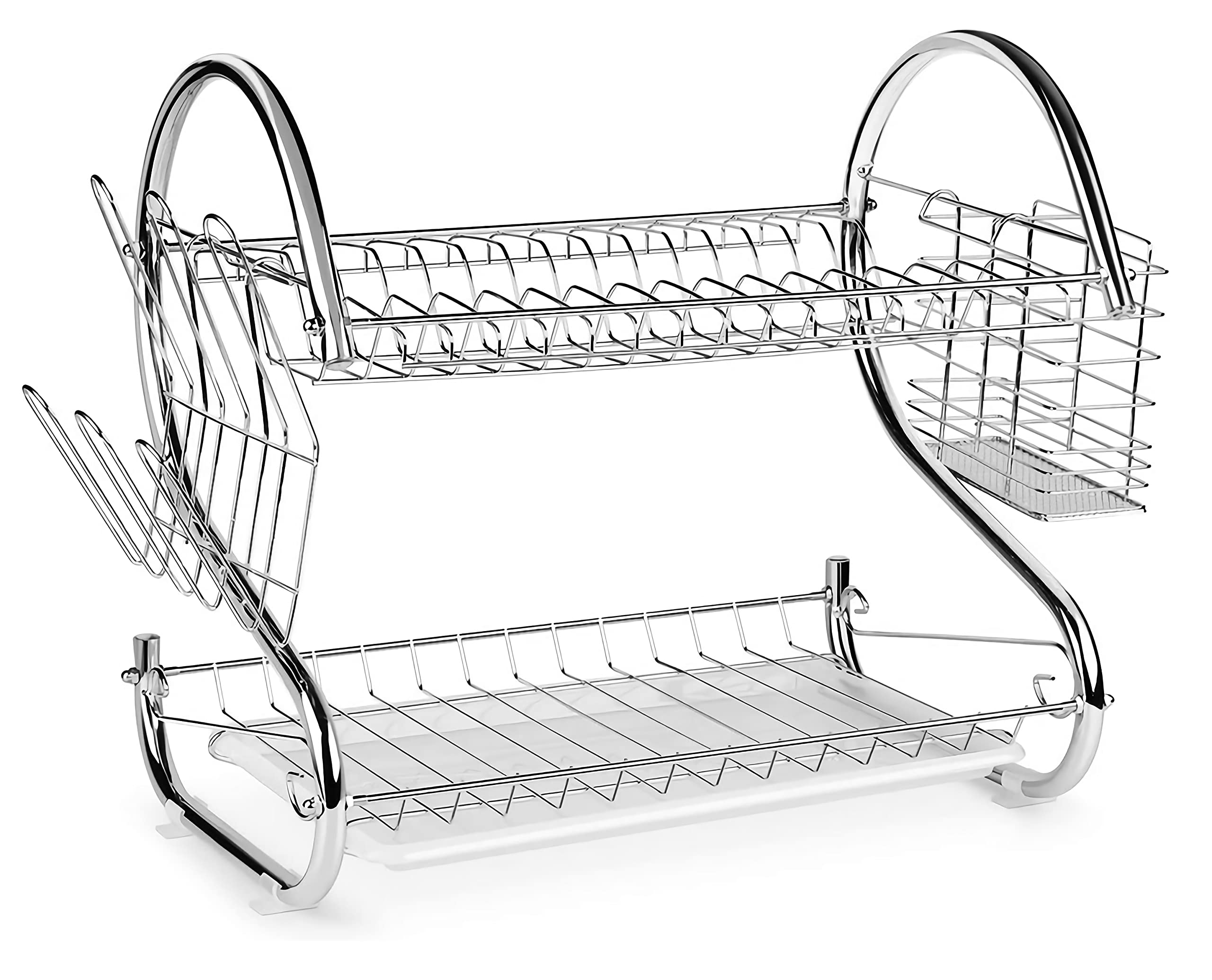 Photo 1 of 2-Tier Full Sized Multi-Functional Dish Drying Rack with Utensil Holder and Cup Holder with Dish Water Drain Board Tray Rustproof Chrome Plating Storage Space Saving Kitchen Organizer