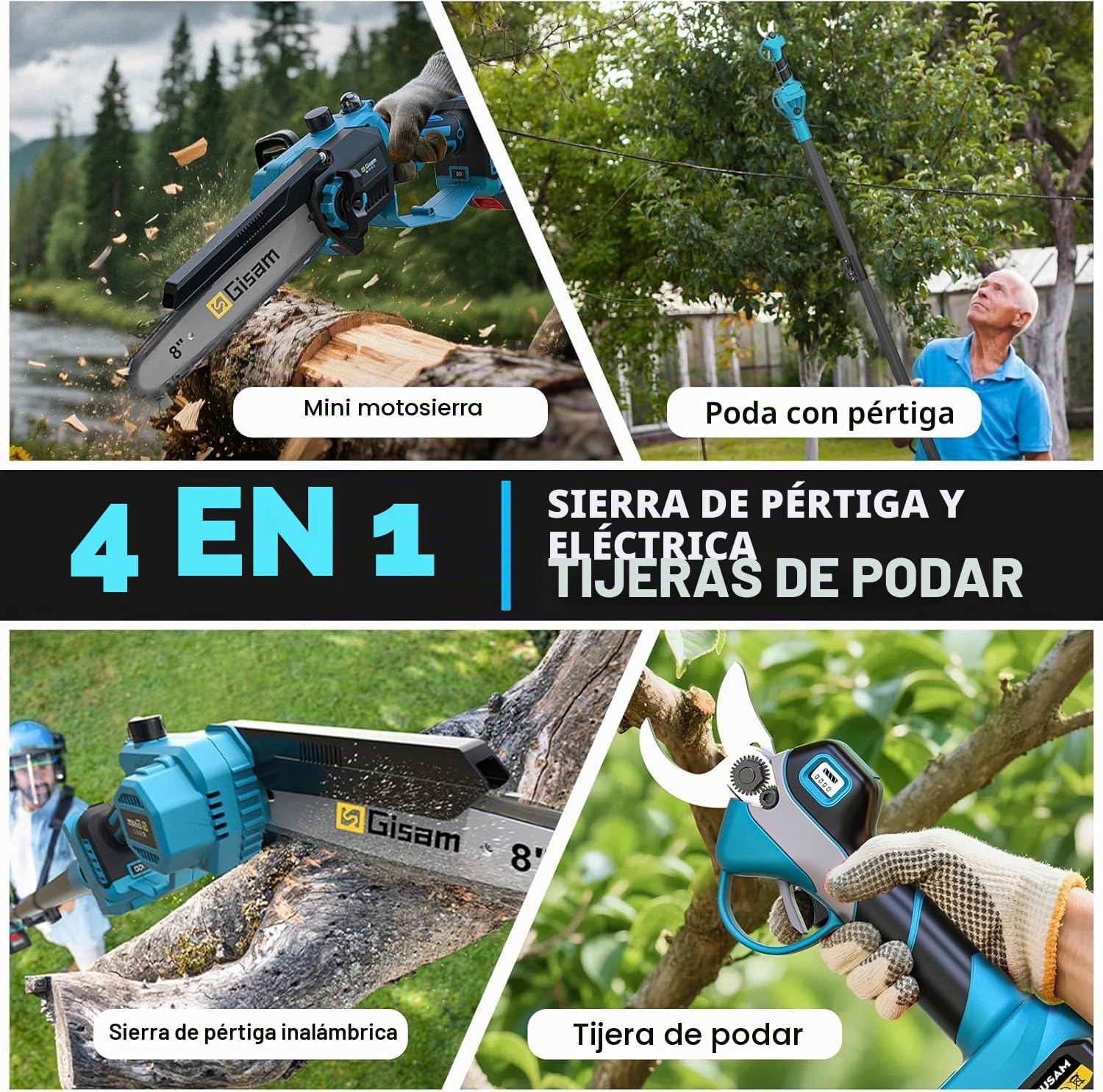 Mini Motosierra De 8 Pulgadas Y Tijeras EléCtricas De Podar A BateríA; Juego De Herramientas De JardíN 4 En 1, Con 2 BateríAs De 4,0 Ah, Barra Extensible De Hasta 4,2 M, Motor Sin Escobillas, Podadora