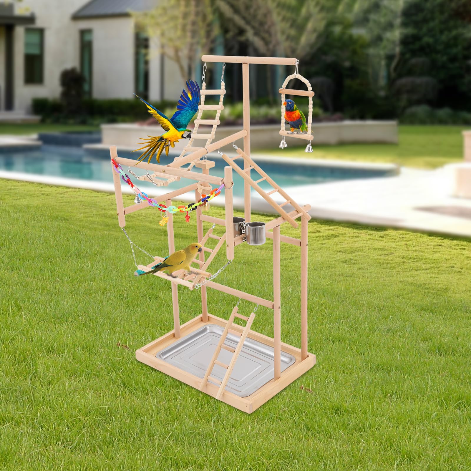 Cavalletto per pappagalli, parco giochi per uccelli, 48 x 33,5 x 94,5 cm, in legno naturale, con ciotola per mangime e supporto per pappagalli, parrocchetti