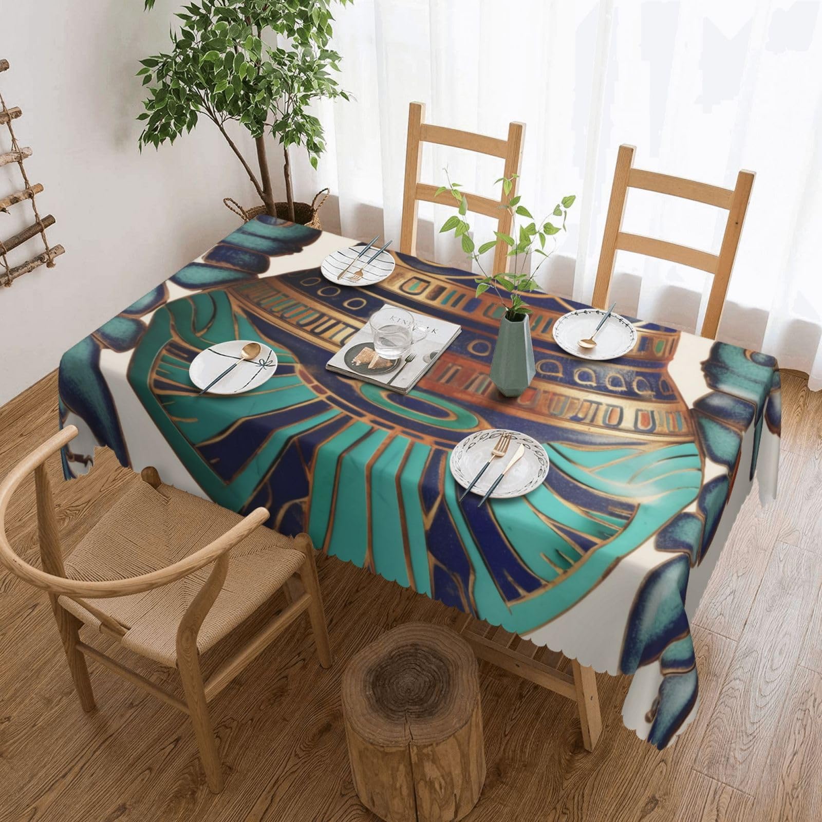 WPKJU Egyptian Scarab Printed Rectangle Tablecloth 72x54 Inch with Lace Trim, Water-Resistant Washable Table Cover for Farmhouse Weddings, Outdoor Picnics & Holiday Dining