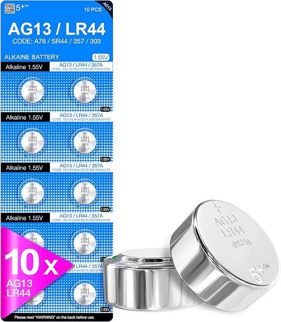 5Plus Group 10 PCS LR44 AG13 357 303 SR44 A76 Battery 1.5V Button Coin Cell Batteries