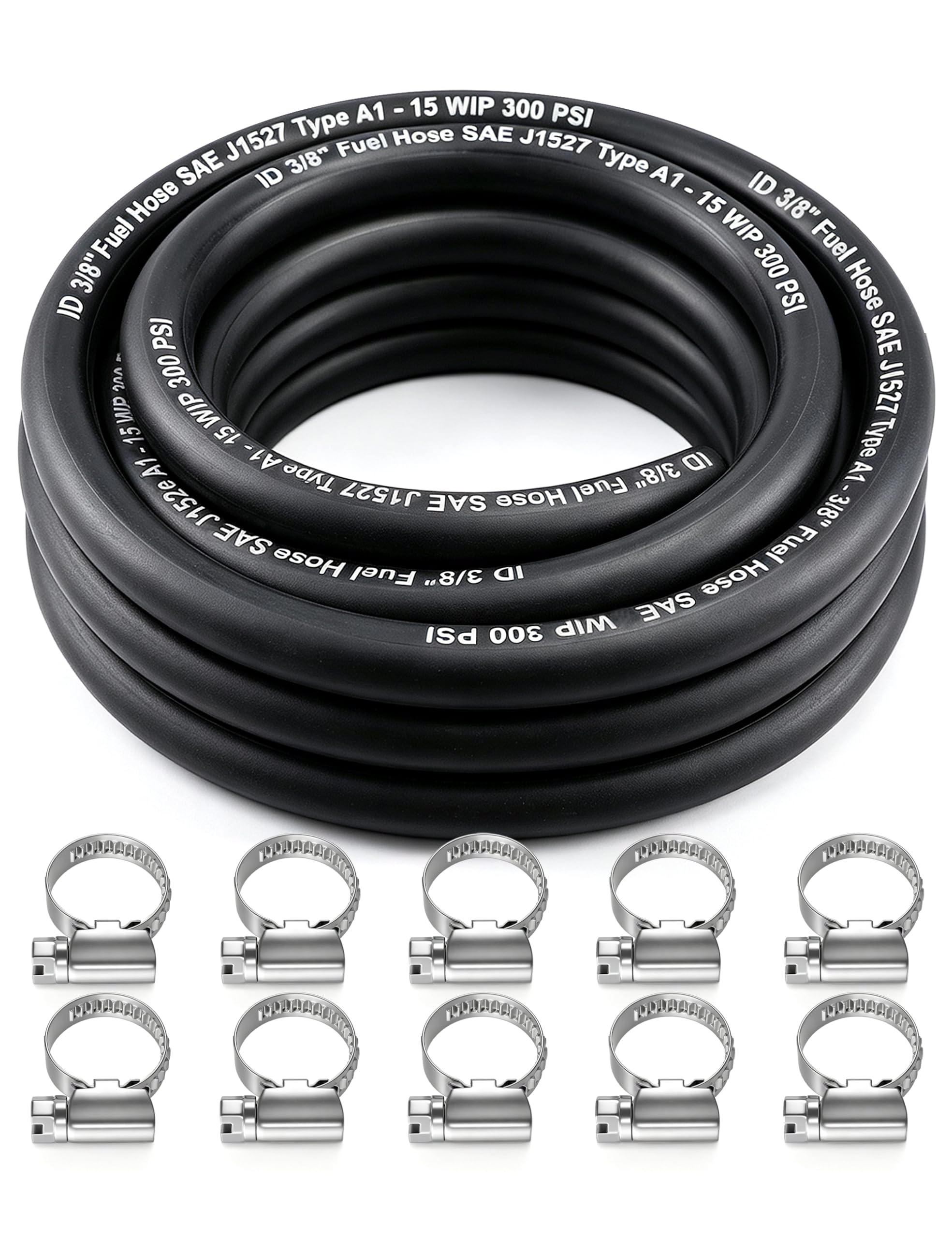 Tubo flessibile per carburante marino da 3/8" - 3 m SAE J1527 tipo A1-15 | Tubo flessibile per carburante marino resistente al fuoco. Funziona con gas, diesel e E85. Kit da 3 m con 10 morsetti. Per