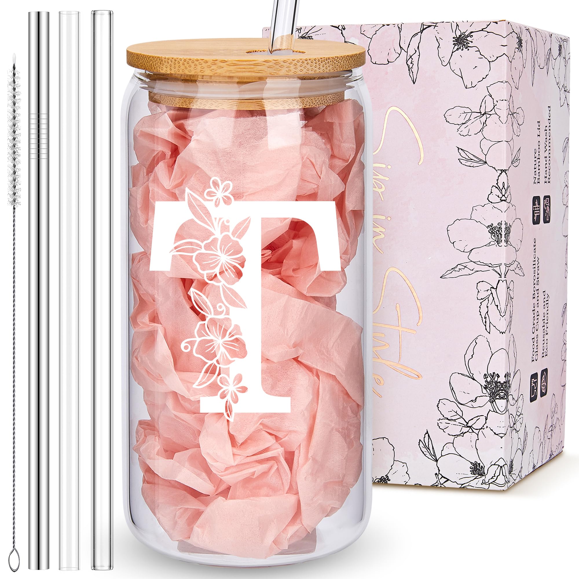 Vaso personalizado, vasos de vidrio con monograma con tapas de bambú y popotes, regalos personalizados para mujeres, vasos de café helado con inicial de bonito diseño, taza de letra personalizada,