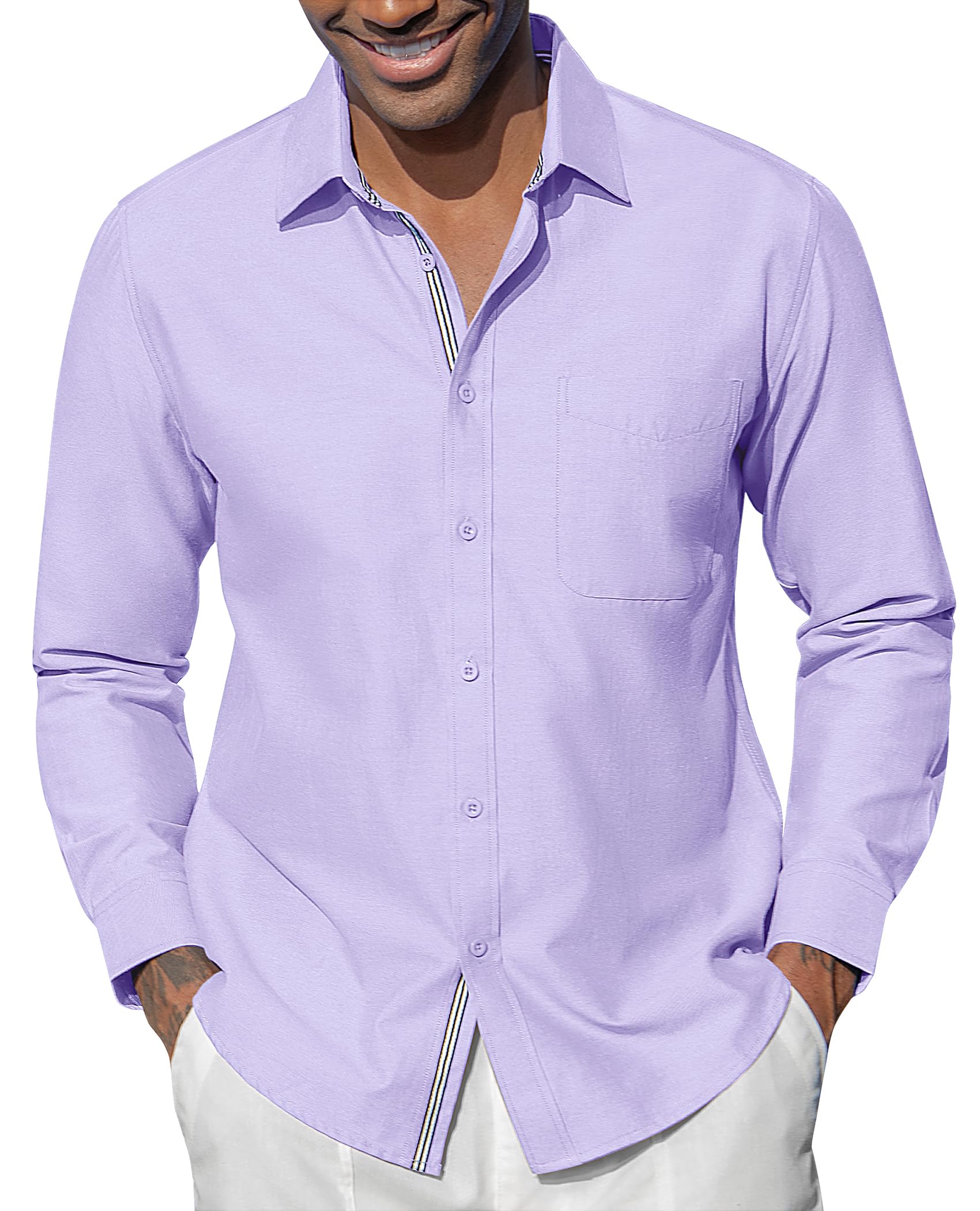 Oxford Dress Shirts for Men Long Sleeve Oxford Casual Dress Button Down Shirts Contrast Button Shirts with Pocket