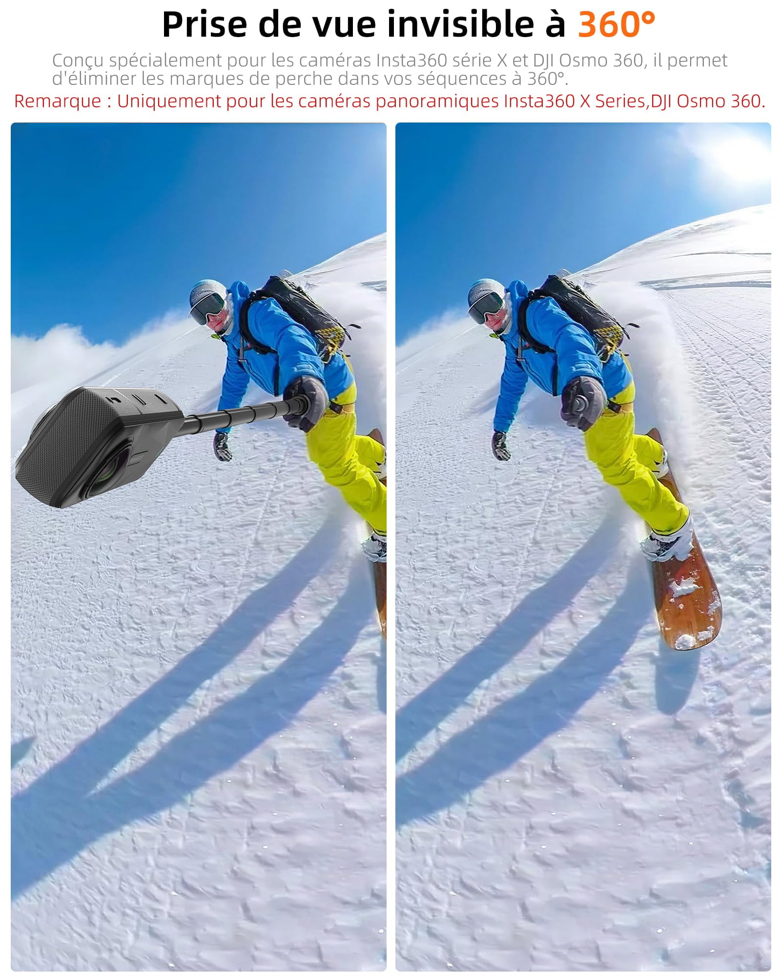 Perche à Selfie Invisible 147cm avec Trépied pour Insta 360 X5/X4/X3/Ace Pro/GO 3S/GO Ultra, DJI Osmo 360, GoPro, 2-en-1 Bâton Selfie Trepied/Tige d'extension étendue/Poignée/Support/Accessoires
