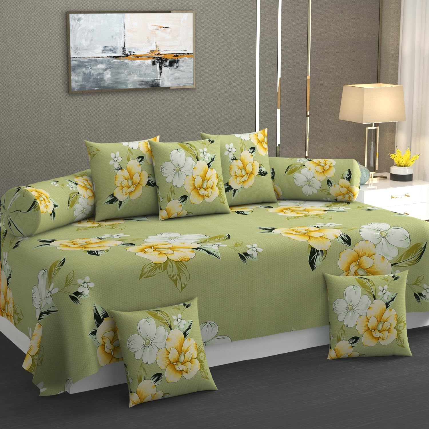 Vaini Heavy Cotton 8 Pieces Diwan Set |1 Single Bedsheet, 2 Bolster Covers, 5 Cushion Covers | - Light Green-picture-24