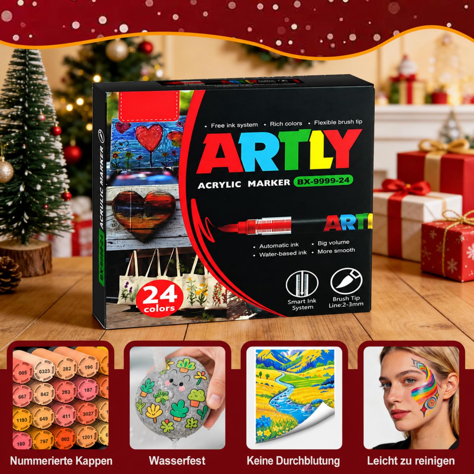 Efimeso 24 Farben Acrylstifte für Steine Wasserfest Set, Multimarker Pinselstifte Acrylic Paint Marker für Stein, Keramik, Holz, Stoff, Leinwand