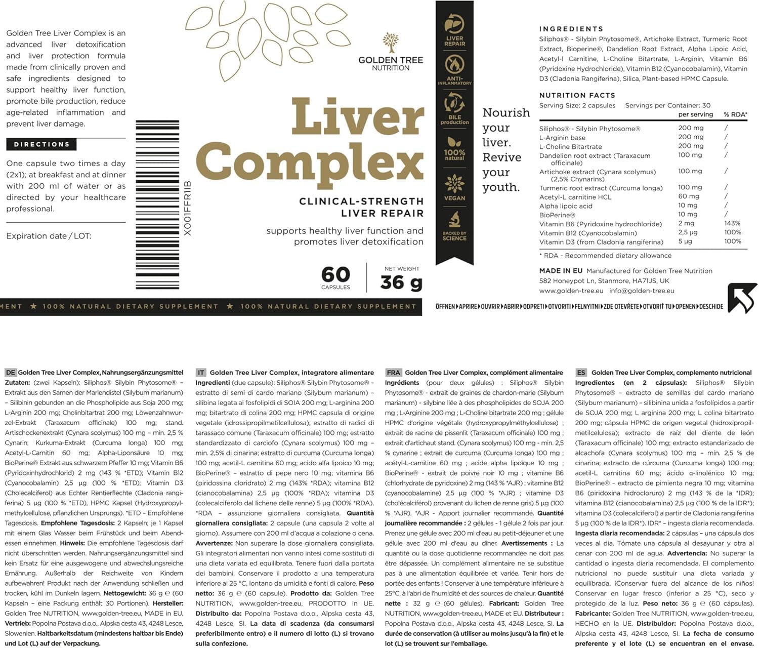 Golden Tree Liver Complex - Cardo Mariano Capsulas, 60 piezas | Con Diente de León, Alcachofa, Cúrcuma, Colina, Vitaminas B6 B12 D3 E y Pimienta Negra