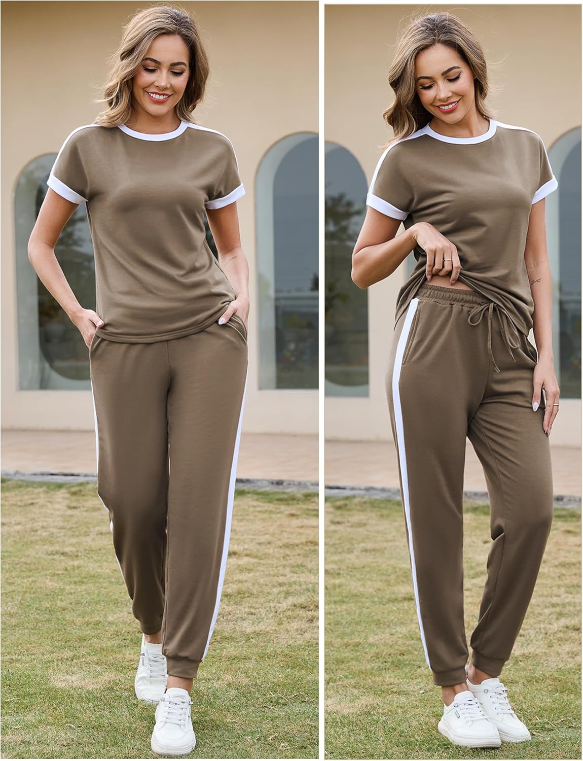 Marvmys Women Short Sleeve Tracksuit Set 2 Piece Sweat Set Outfits Color Block Jogging Suits with Pockets - Image 5