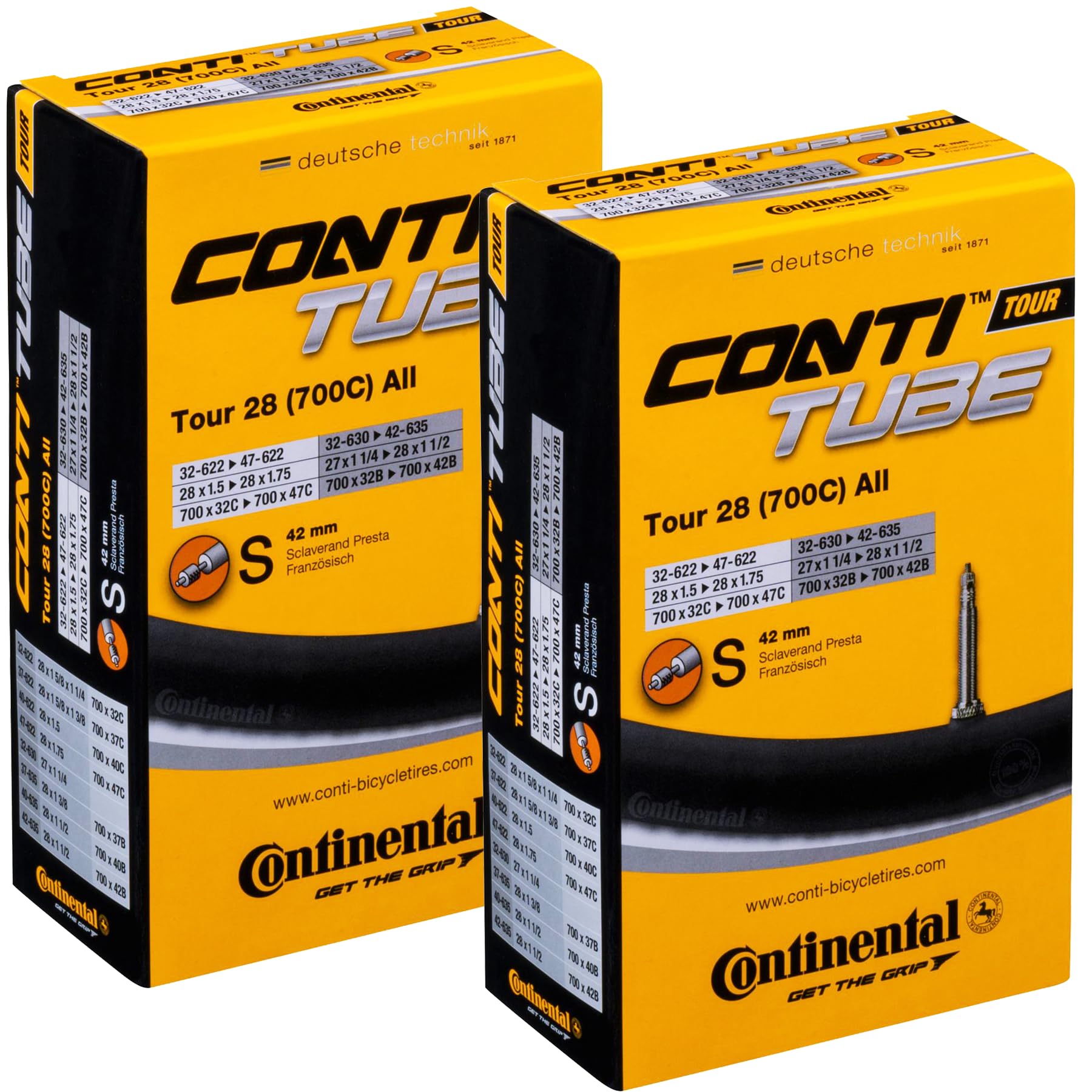 Continental Tour 28 700x32-47 / 28x1.5-1.75" - 42mm Presta Valve - Pack of 2 Tubes