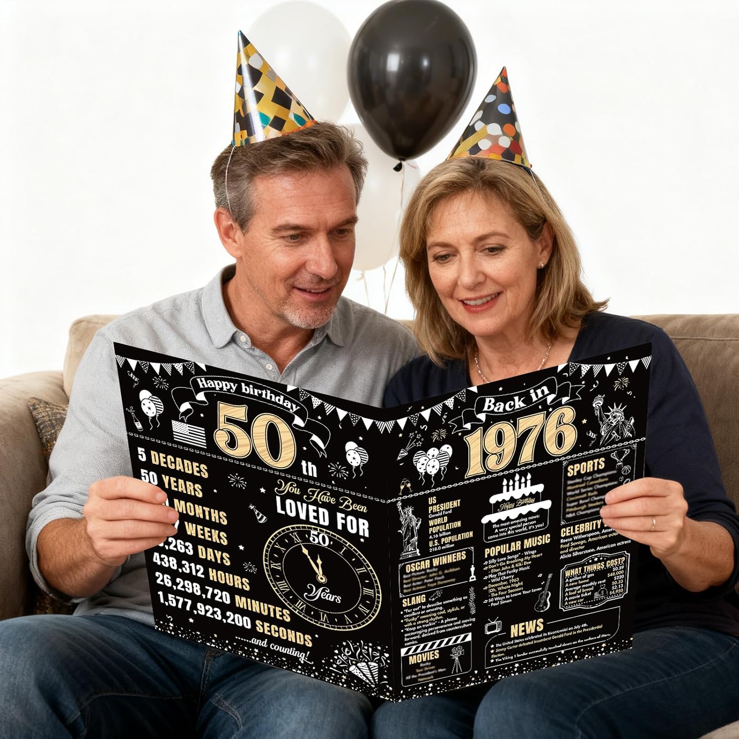 50th Birthday Card With Envelope - Back in 1976 Birthday Giant Guest Book Gifts for Men Women, Black Gold Happy 50 Fifty Years Old Bday Greeting Card Party Decorations Supplies - Image 5