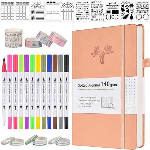 Kit de diario de puntos con viñetas de 4.94 ozm, juego de diario de cuadrícula de puntos A5 con 188 páginas, 10 plantillas, 14 cintas Washi, 12