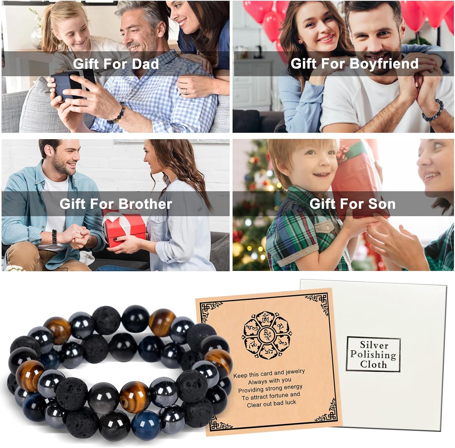 2Pcs Triple Protection Healing Bracelets for Men-10mm Black Obsidian Hematite Lava Beads Tiger Eye Bracelets Men-Gifts for Men Dad Son Boyfriend Christmas Birthday