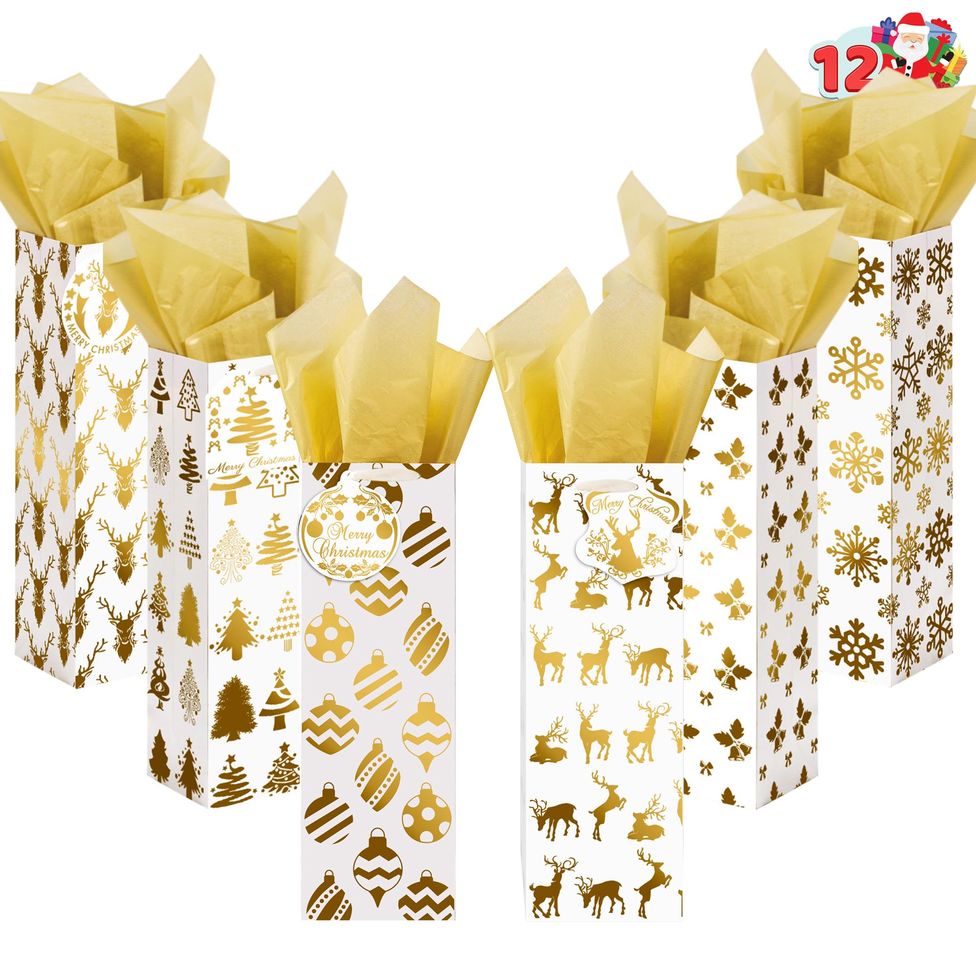 JOYIN 12 pezzi bottiglie di vino natalizio box foglio d'oro con carta tissutale e tag di nome 6 disegni di stampa natalizi per feste invernali regalo di Natale per la festa decorazione