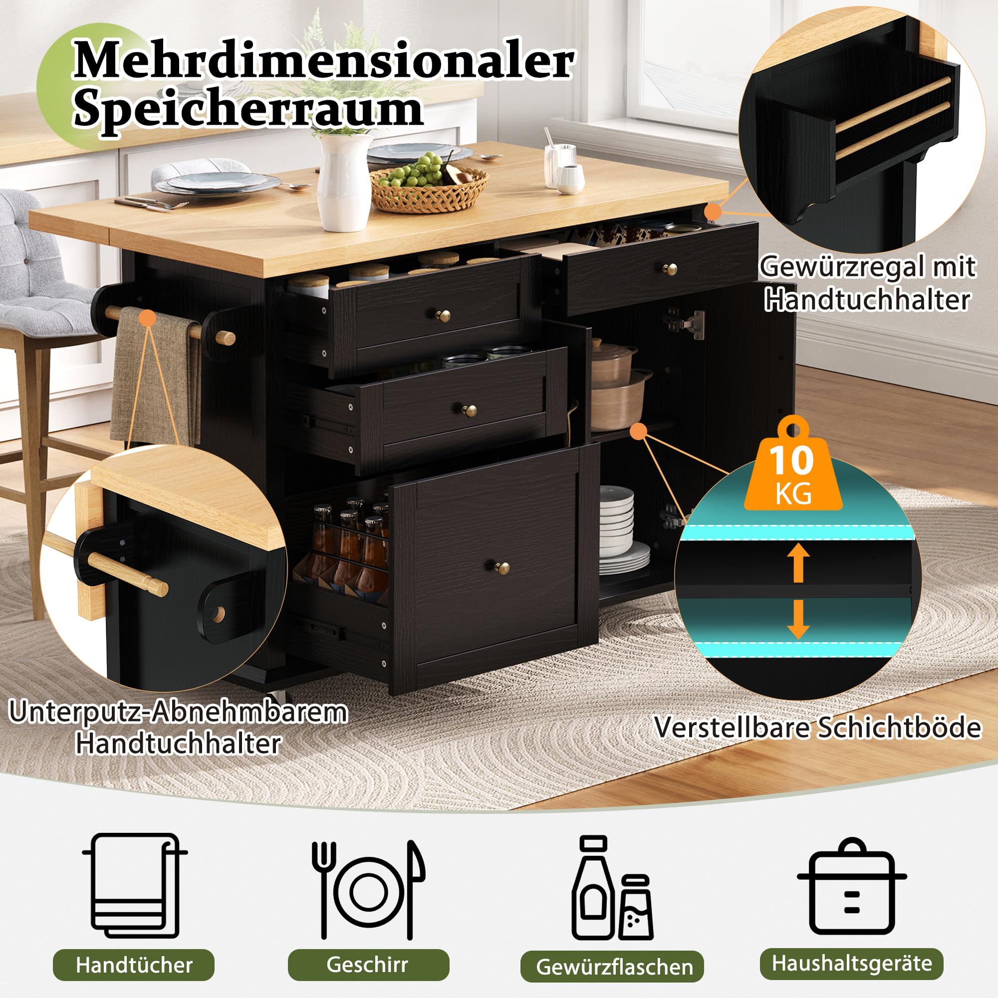 Isola da cucina mobile, carrello da cucina, tavolo da pranzo estensibile, armadio da cucina con ruote, cassetti multifunzione, per cucina, sala da pranzo, 107 x 45 x 90,5 cm (nero)