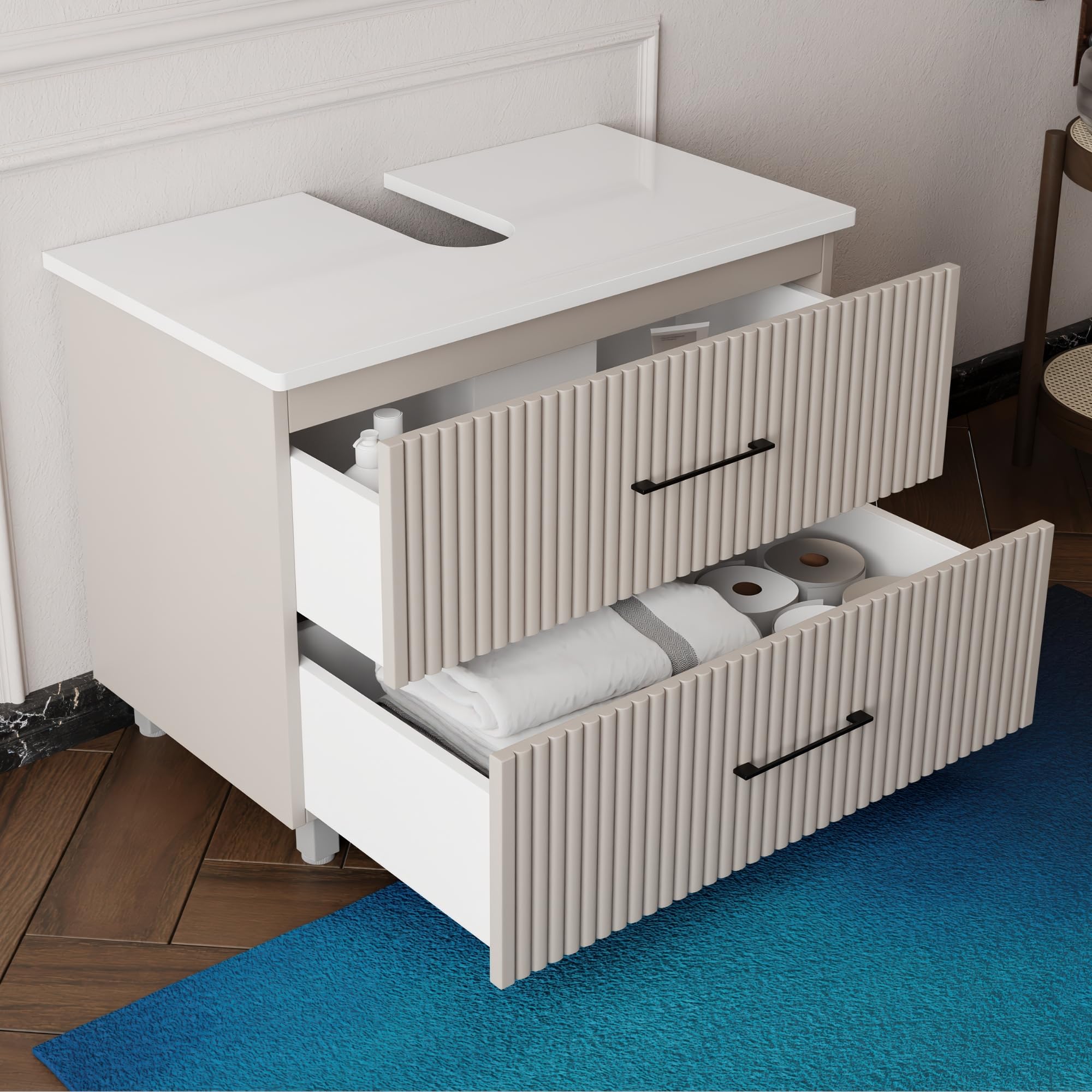 Karen Waschbeckenunterschrank Liana 60/80 cm | Steh-Unterschrank | Badmöbel pastellgrau | Konsole mit Siphonausschnitt | Eklektisch | Gäste-Badezimmer (Liana 80 Weiß)