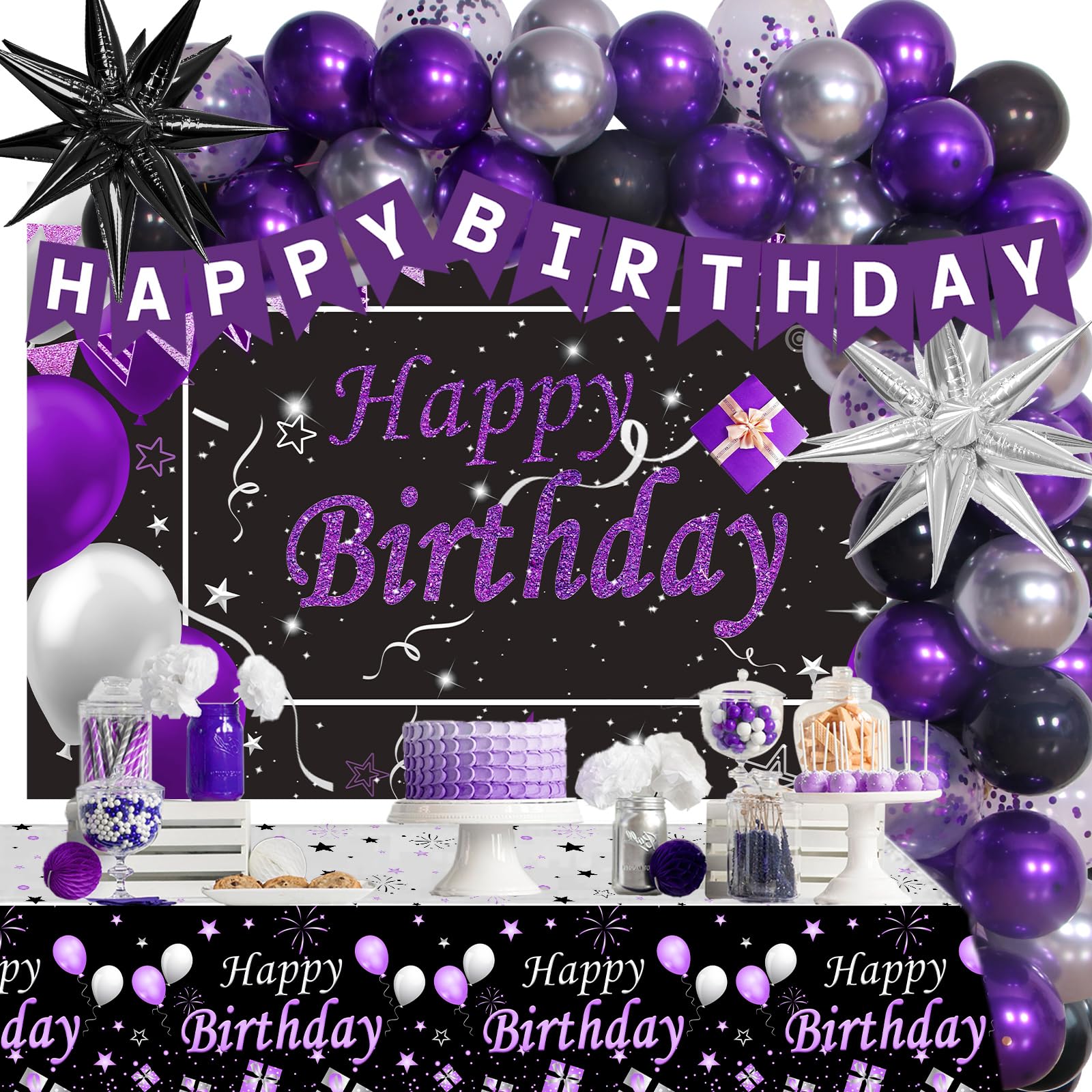 Black Purple Birthday Decorations for Women Girls Men, Purple and Silver Party Decorations Happy Birthday Backdrop Banner Confetti Star Silver Black Balloons Arch Tablecloth Party Supplies