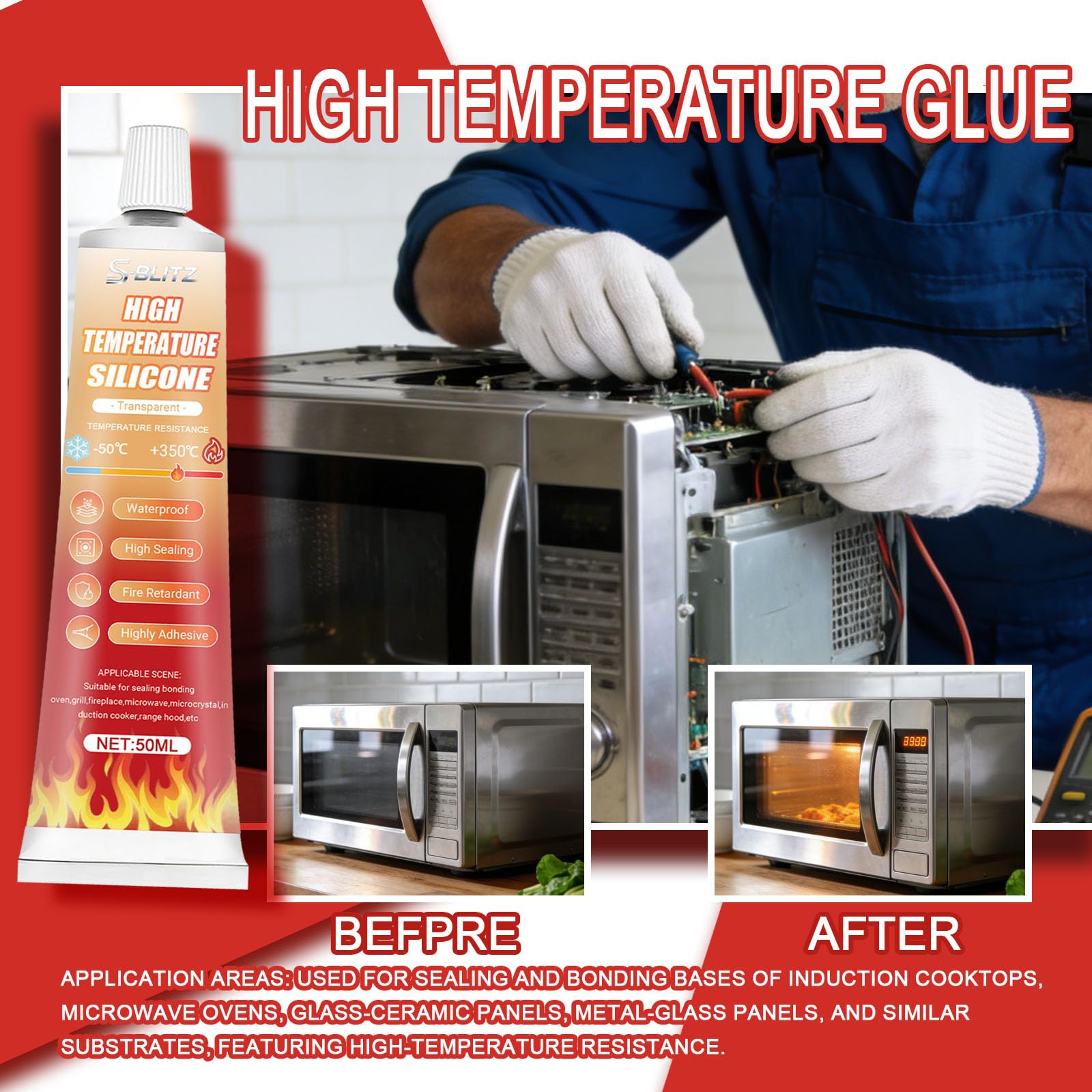 Colla ad alta temperatura, colla trasparente ad alta temperatura, colla per forno, colla resistente al calore, impermeabile, ideale per forni a induzione, forno a microonde, 100 ml