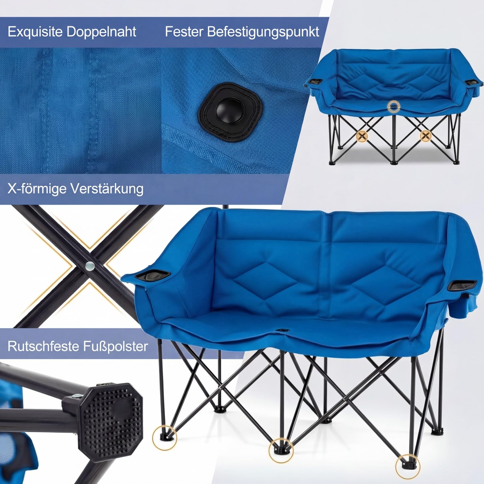COSTWAY Campingstuhl faltbar für 2 Personen, XXL Campingsofa mit Getränkehaltern, Glashaltern und Netztaschen, 300 kg Tragfähigkeit, gepolsterter Klappstuhl, Faltsofa, Campingcouch