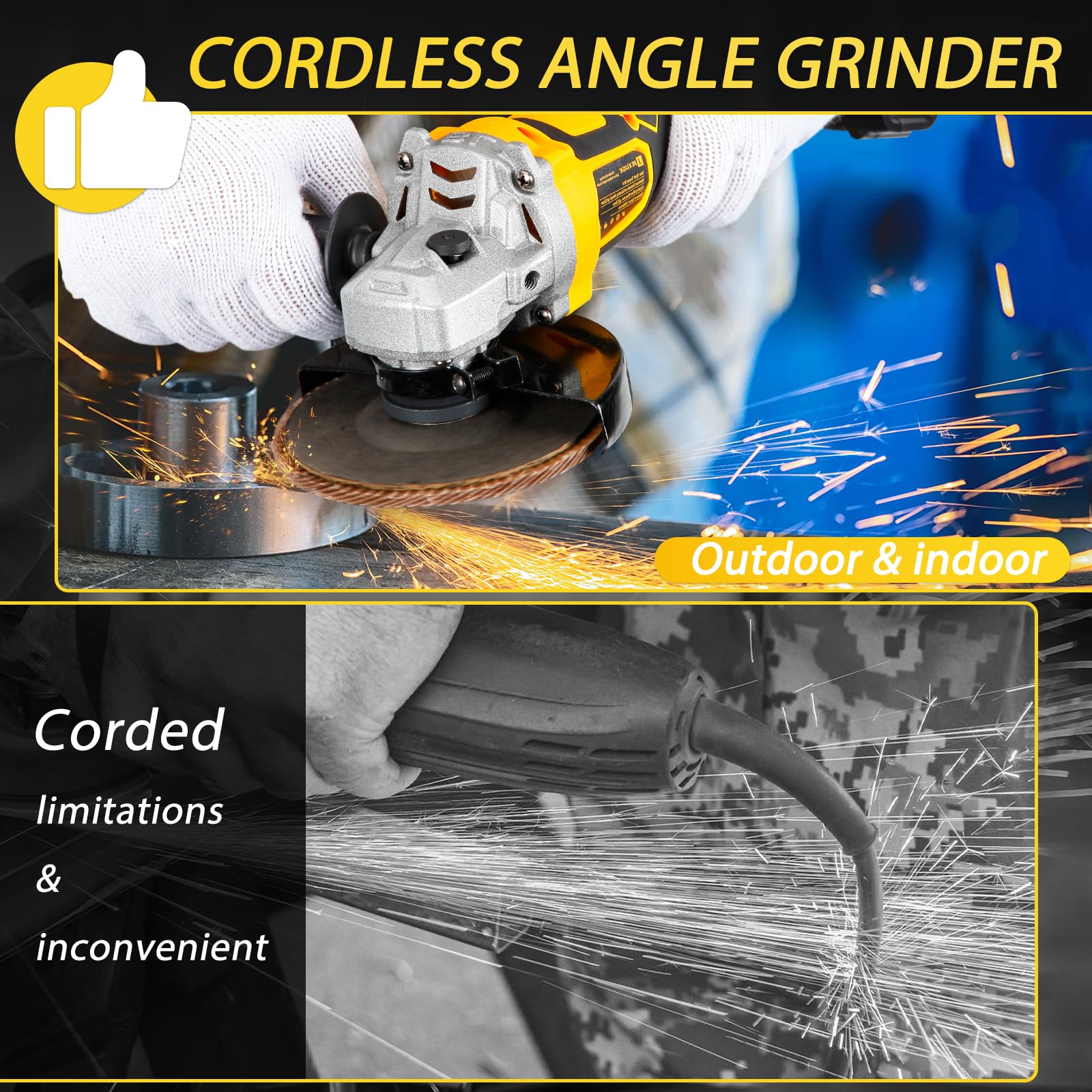 JEXUGK 5" Cordless Angle Grinder with Battery, 21V Cordless Grinders Tools with 2 x 4.0Ah Batteries, 10000RPM Brushless Motor Metal Grinder with 10x5" Cutting Wheels for Wood Polishing