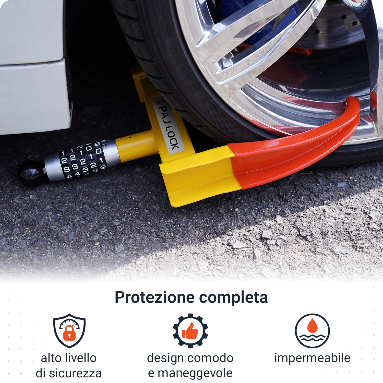 PAJ LOCK Ganascia Antifurto Per Ruote – Blocca Ruota Universale Per Auto, SUV, Furgoni, Moto, Roulotte E Rimorchi - Morsa Serraggio Regolabile Con Lucchetto Di Sicurezza, Robusta, Parcheggio Sicuro