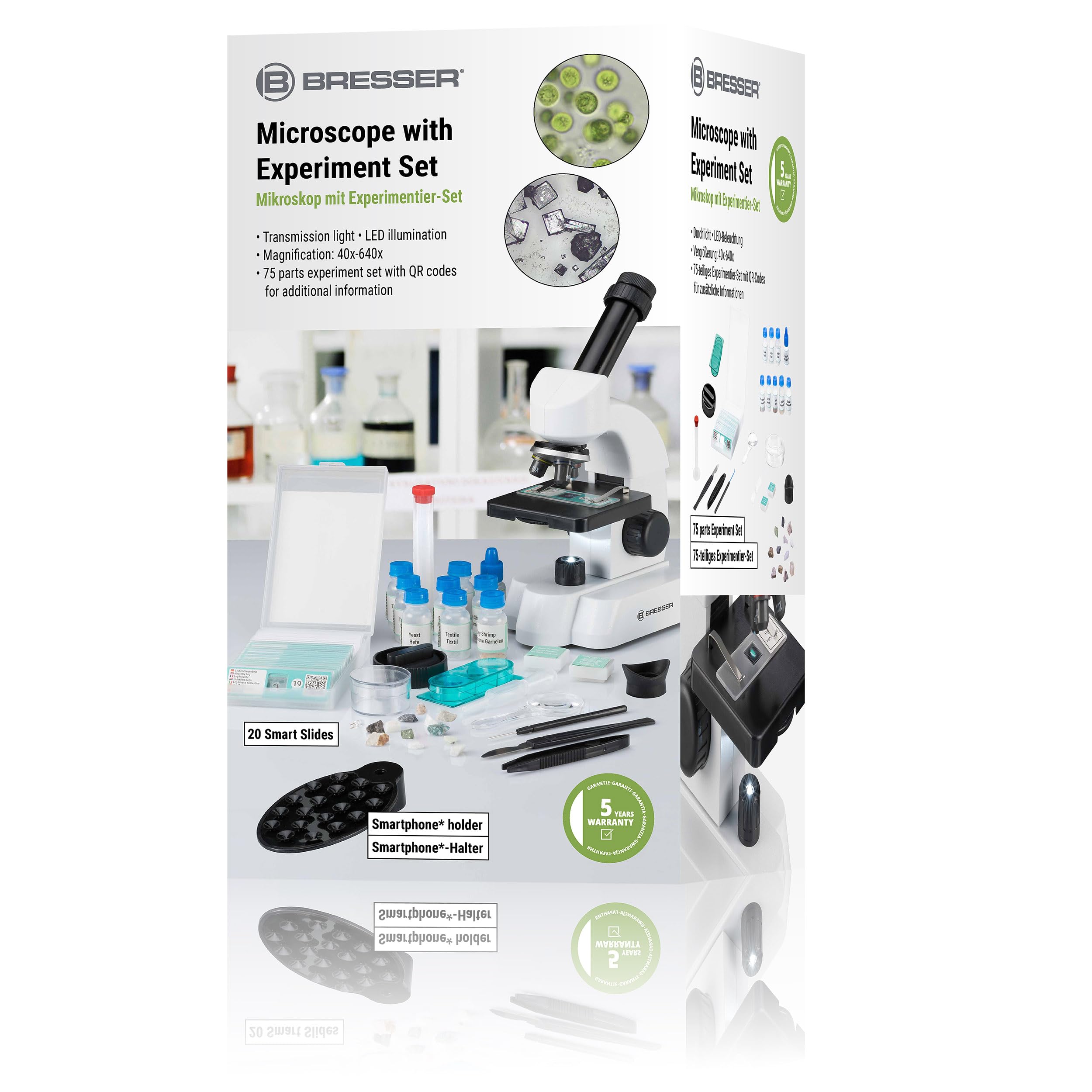 Bresser Microscopio 40-640x con Amplio Juego de experimentos y muestras Inteligentes con código QR, Blanco