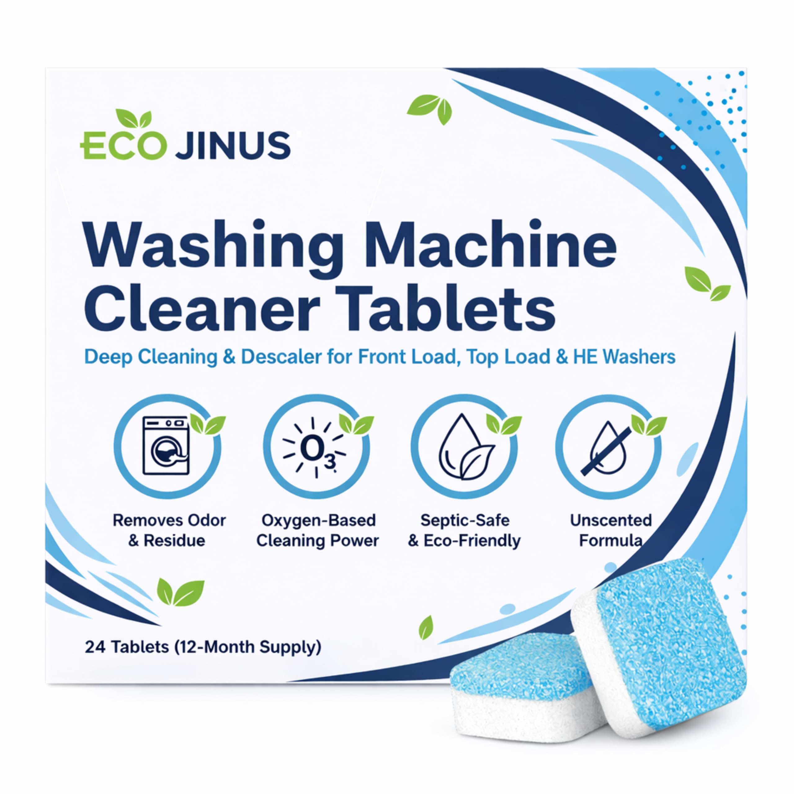 Washing Machine Cleaning Tablets Washer Cleaner & Descaler, 24 Count (12-Month Supply) for Front Load, Top Load & HE Washers | Appliance Maintenance & Residue Removal
