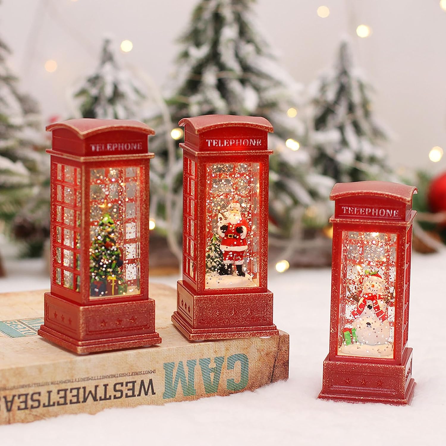 Santa Phone, Christmas Red Phone Booth Vintage Led Light Ornament Decor for Home Festival Birthday Party Background Decor