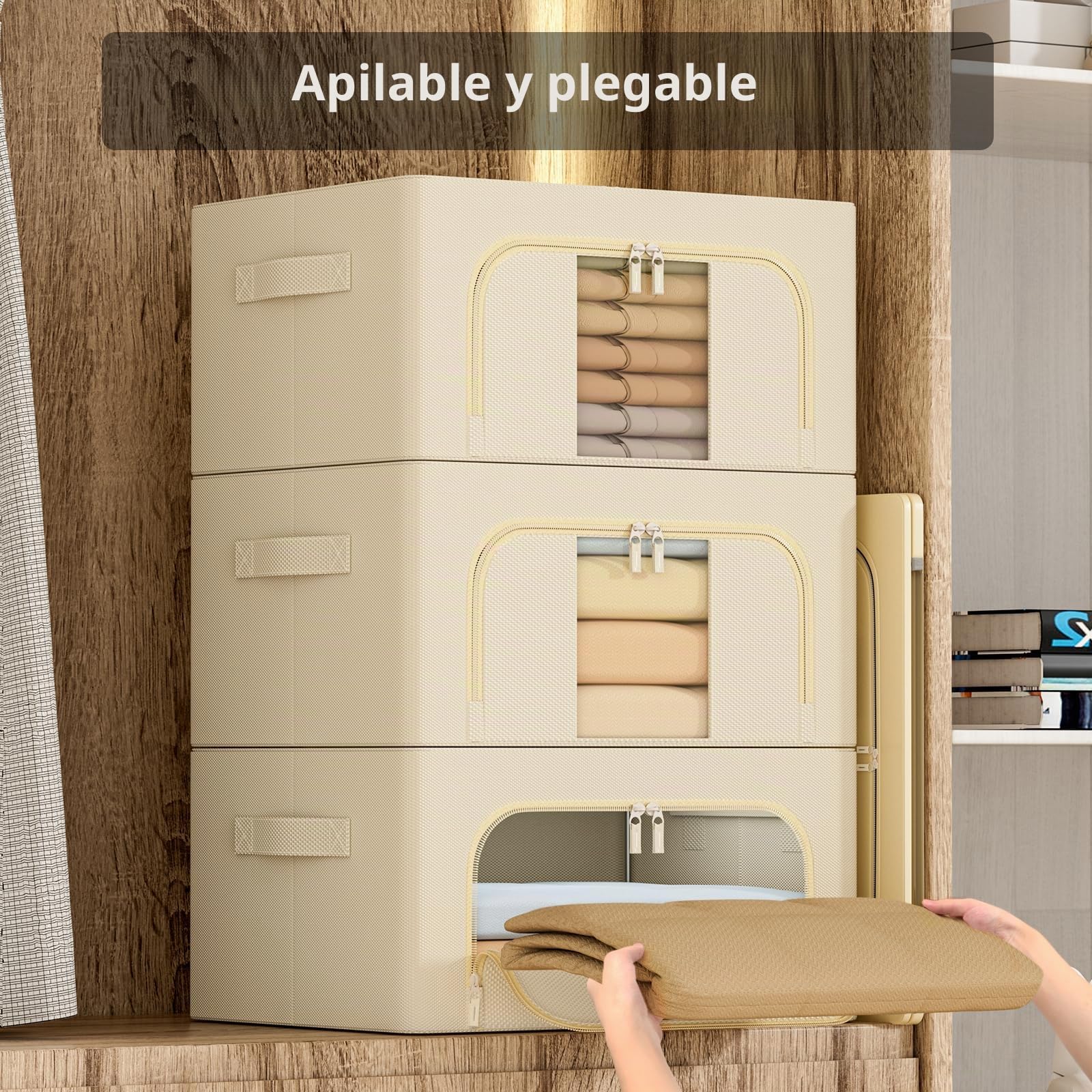 GoMaihe 3 Piezas Cajas Almacenaje Ropa - Material de tela Oxford Bolsas Para Guardar Ropa Plegable con Asa Reforzada y Ventanas Transparentes Adecuado para el almacenamiento diario de ropa (24L Beige)