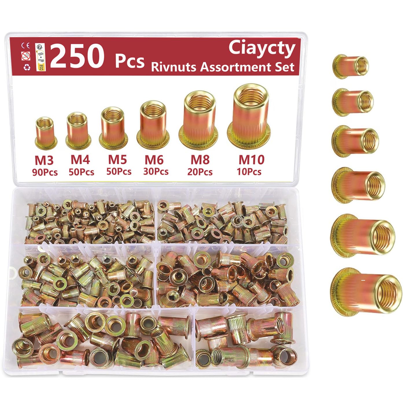 250 Pezzi Rivetti Filettati, Inserti Filettatis, Rivetti Filettati M3, M4, M5, M6, M8, M10, Rivettis per Riparazioni Professionali e Fai da Te