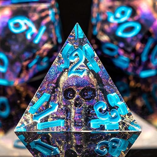 OUKELANWO Juego de dados DND de calavera de resina D&D con caja de regalo, dados RPG de mazmorras y dragones de borde afilado, 7 dados poliédricos D