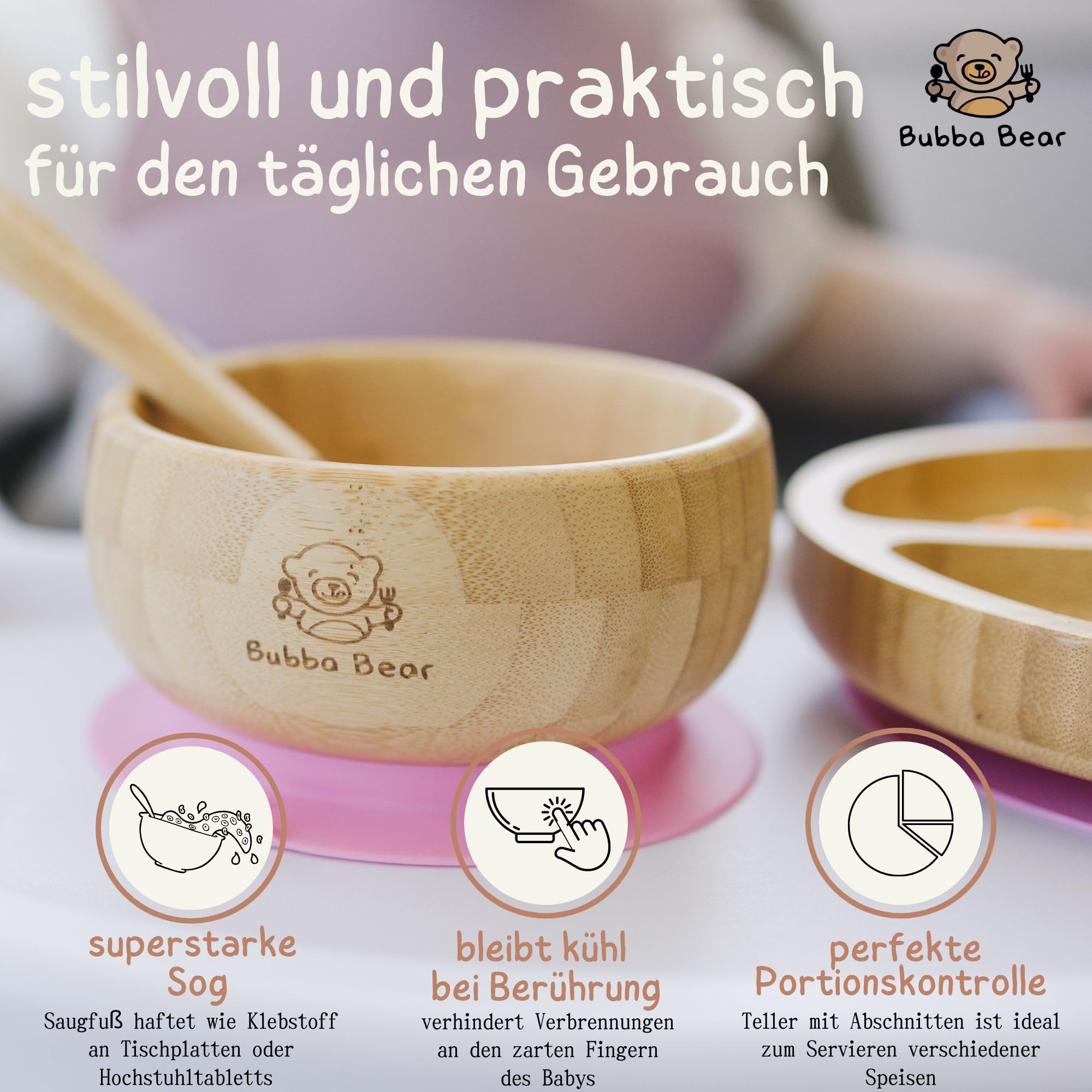 Bubba Bear Kindergeschirr-Set | Kinderteller mit Saugnapf | Geschirrset für Kleinkinder | Unterteilter Babyteller | Bambus Babygeschirr mit Löffel fürs Essen und Füttern | Baby Teller (Holunderbeere)