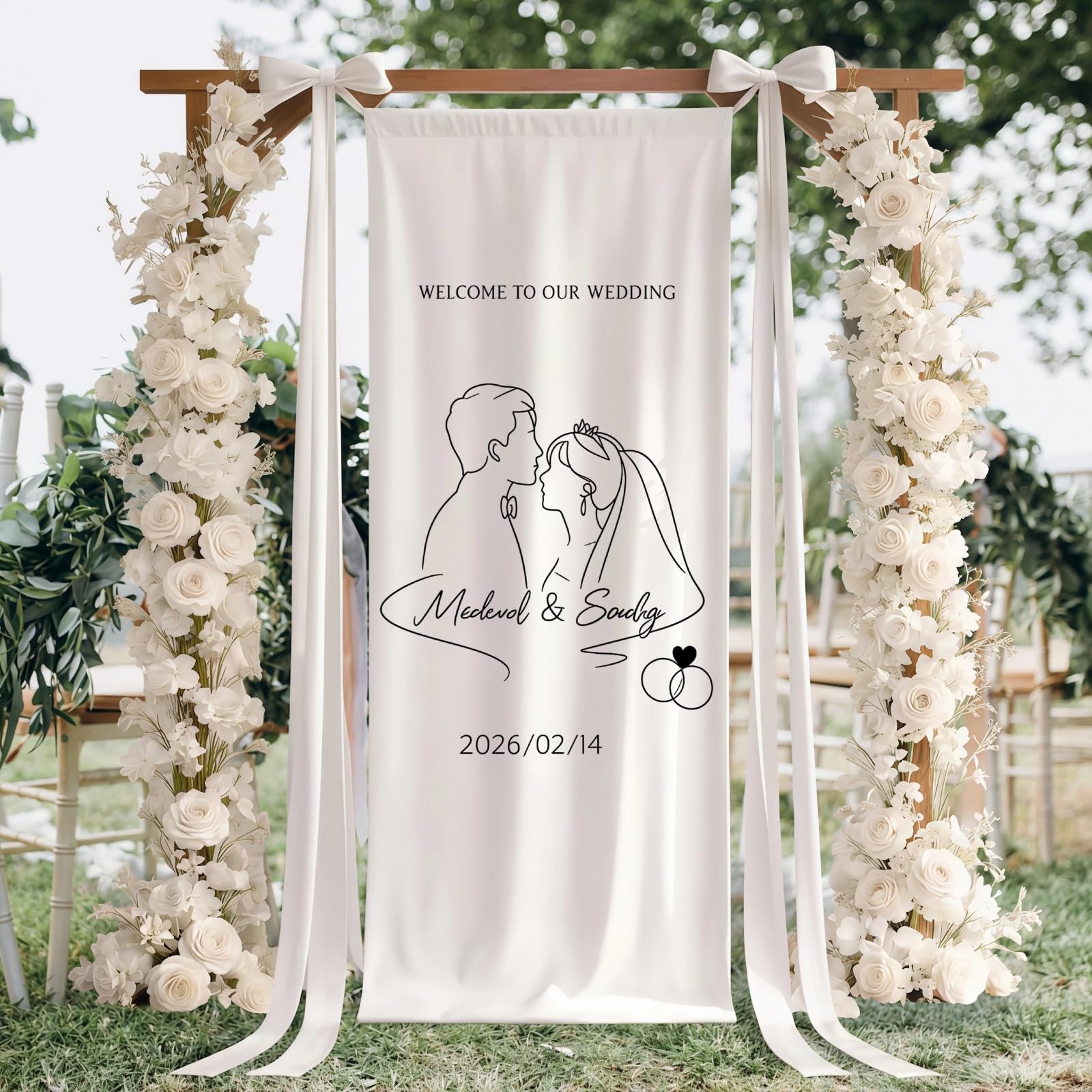 Personalized Fabric Wedding Welcome Sign, Modern Minimalist Wedding Banner Custom Name & Date, Large Cotton Linen Tapestry For Marriage Ceremony Reception Decor