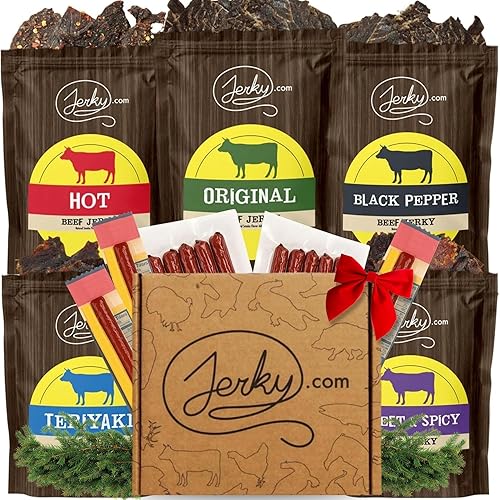 Jerky.com 21 Pieces of Beef Jerky Variety Pack & Meat Stick Gift Box for Men - Including 5 Flavors of Beef Jerky, 13 Snack Sticks, and 3 Cheese Sticks - Birthday gifts for men