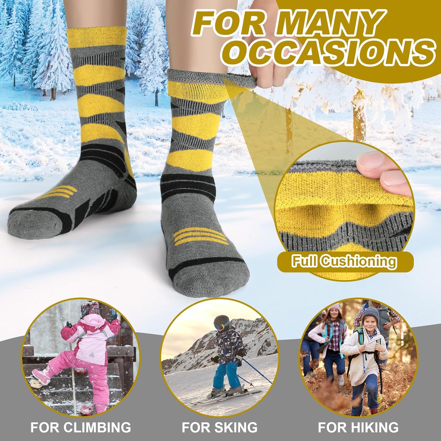 Winter Warm Kids Ski Socks - 2 Pairs Merino Wool Thermal Skiing Socks for Boys, Girls, Youth, Toddlers - Image 6
