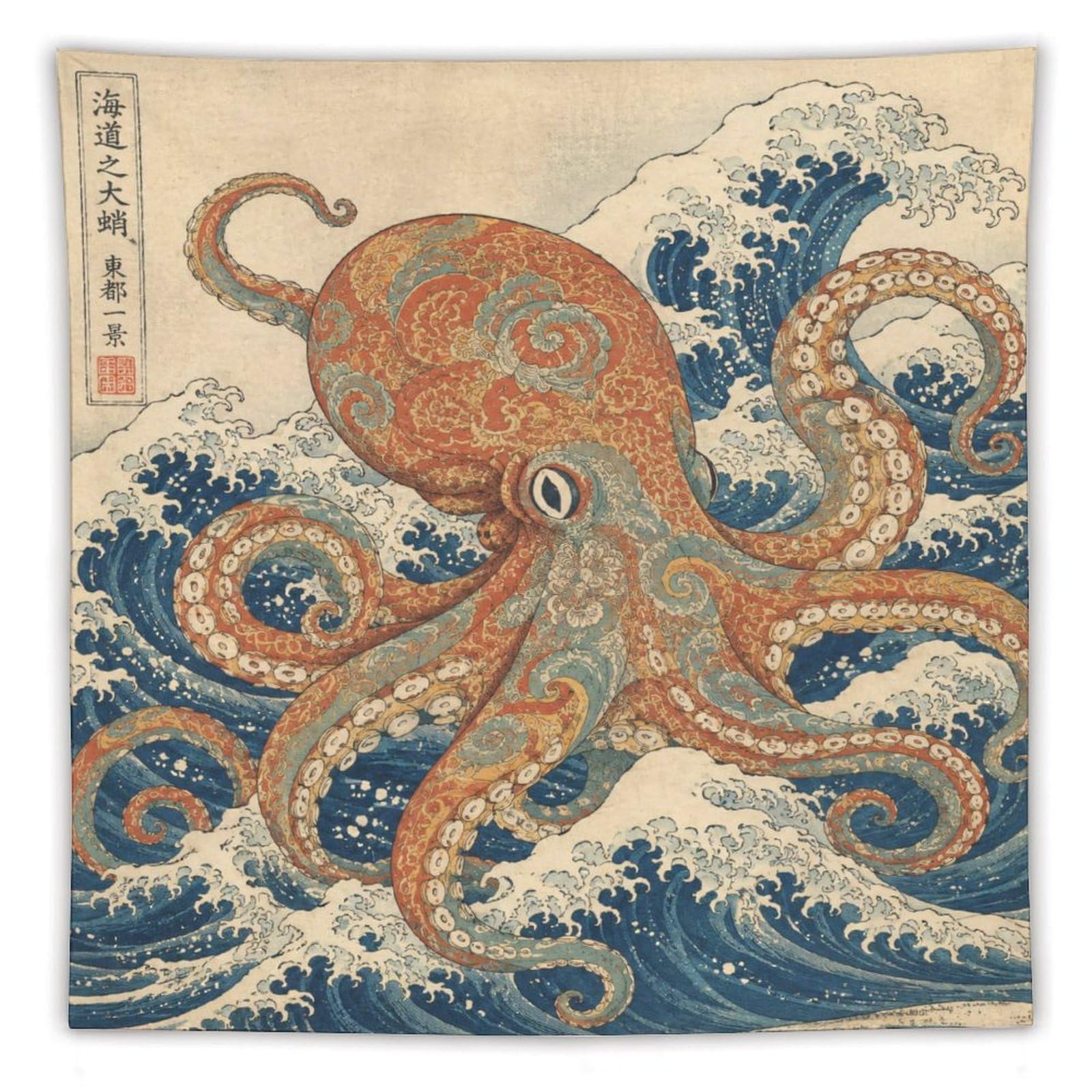 W7C8U2X3 Octopus and Wave Wall Tapestry, Ukiyo-e Style, Living Room